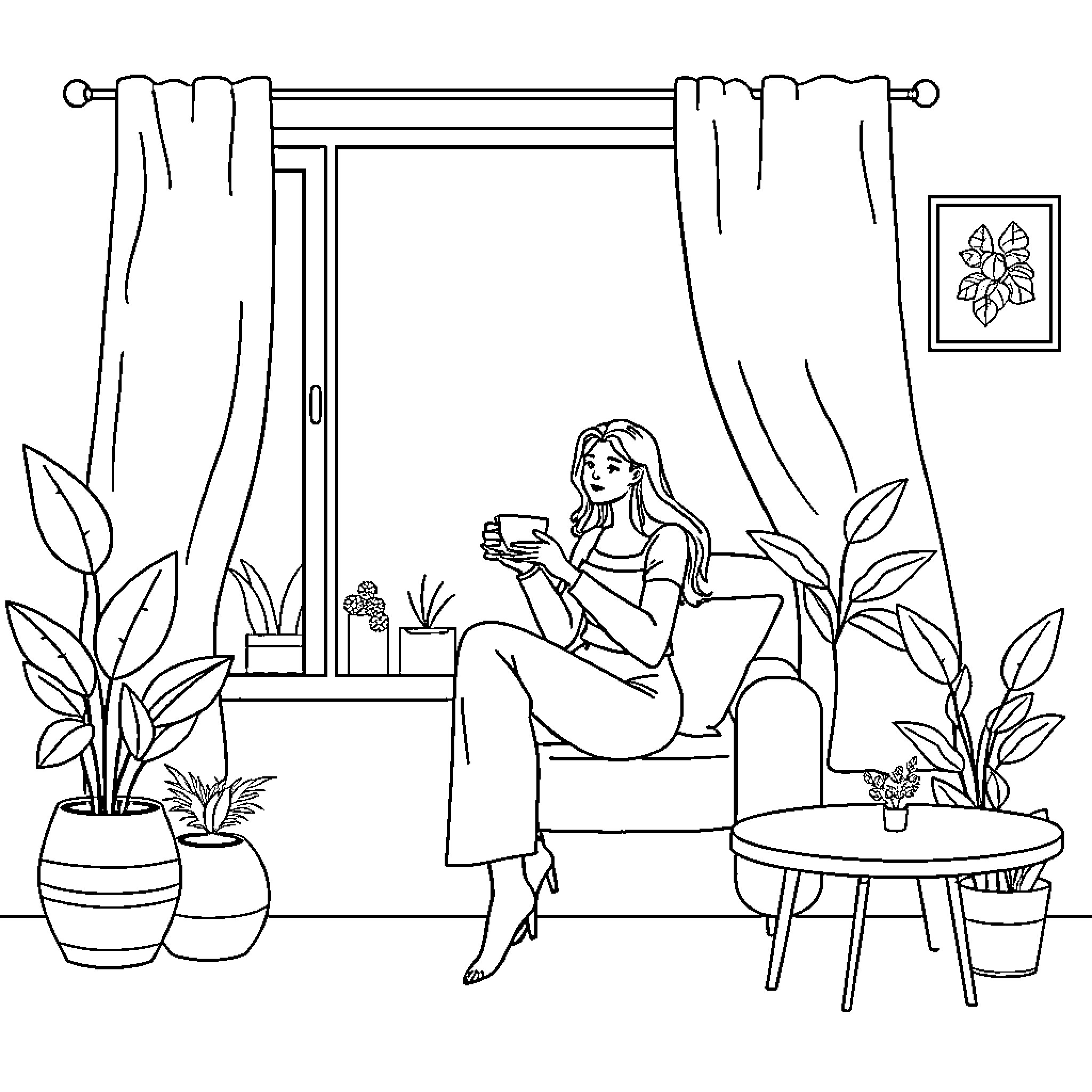 Woman relaxing at home with plants Coloring Page (free black-and-white line drawing printable PDF for all, from beginners to advanced learners, including children, teens, adults, and seniors)