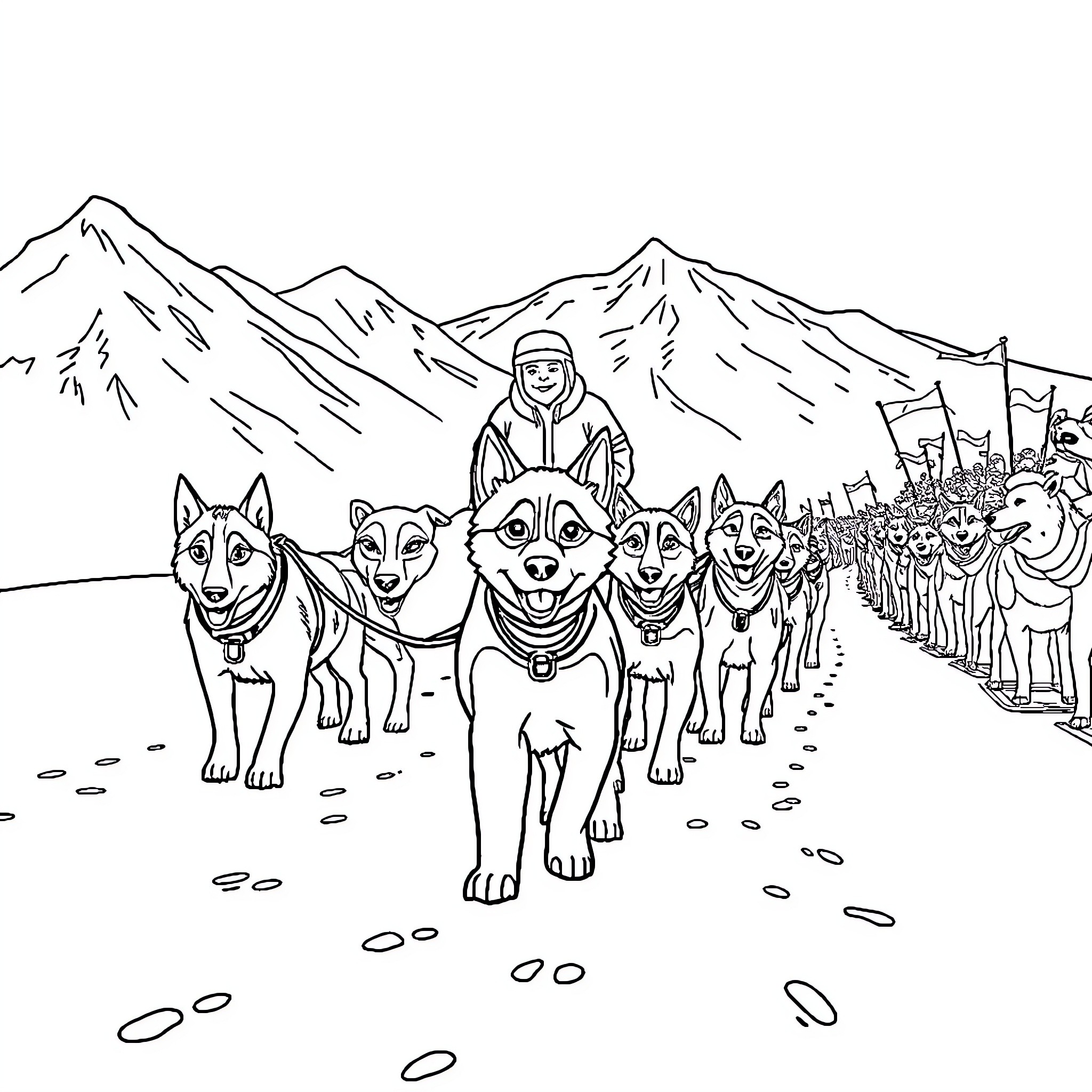 Nala's Arctic Adventure with Sled Dogs Coloring Page (free black-and-white line drawing printable PDF for all, from beginners to advanced learners, including children, teens, adults, and seniors)