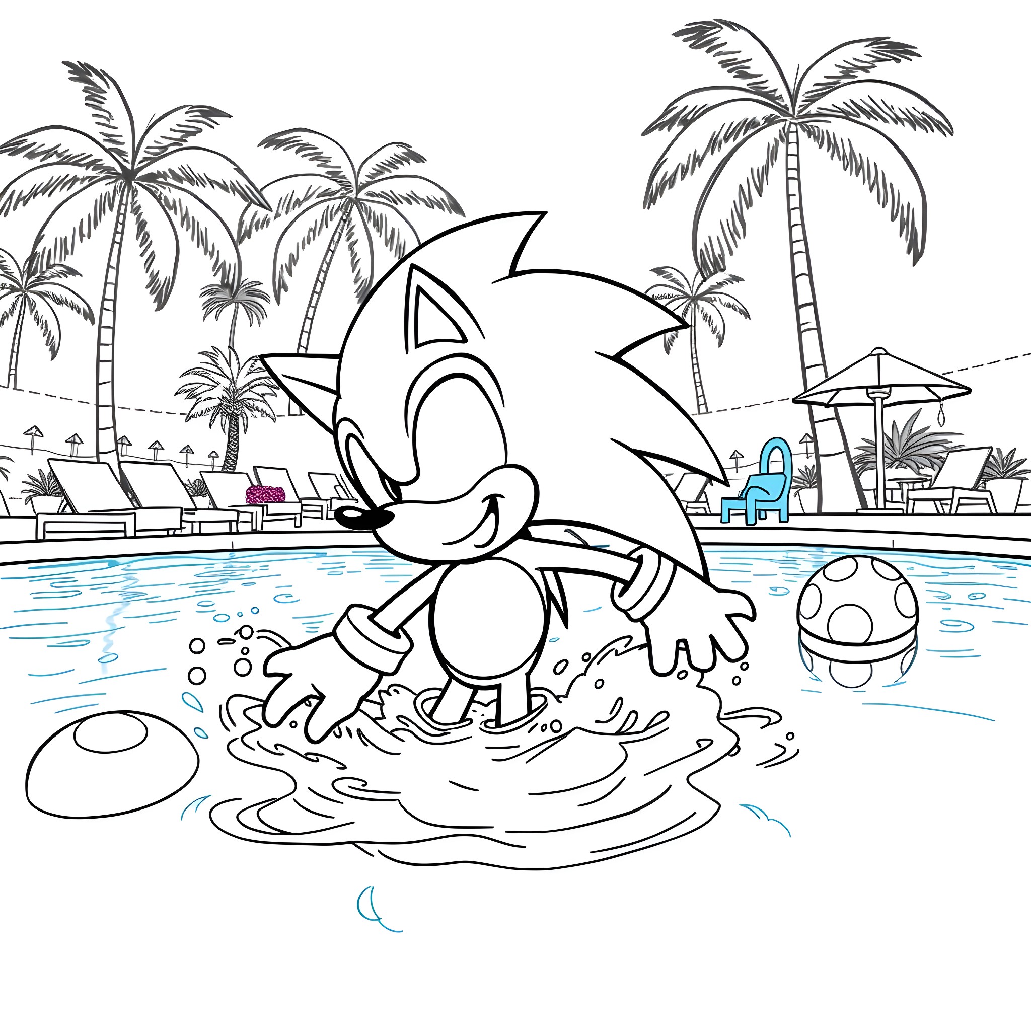 Sonic's Tropical Beach Adventure Coloring Page (free black-and-white line drawing printable PDF for all, from beginners to advanced learners, including children, teens, adults, and seniors)