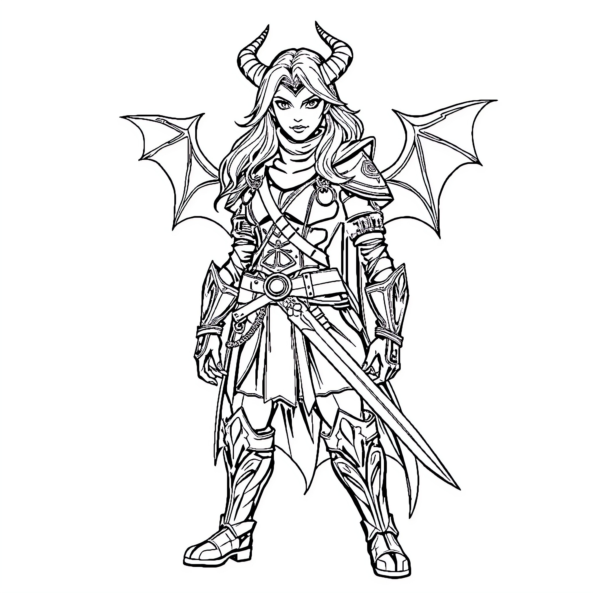 Mira the Fierce Demon Warrior Coloring Page (free black-and-white line drawing printable PDF for all, from beginners to advanced learners, including children, teens, adults, and seniors)