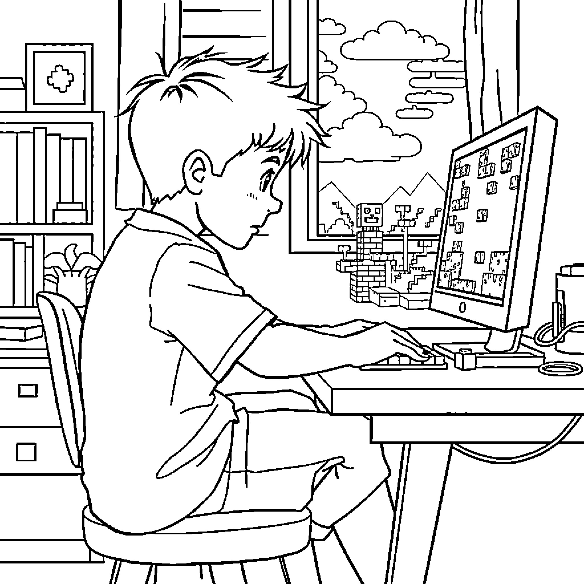 Boy exploring the city through computer Coloring Page (free black-and-white line drawing printable PDF for all, from beginners to advanced learners, including children, teens, adults, and seniors)