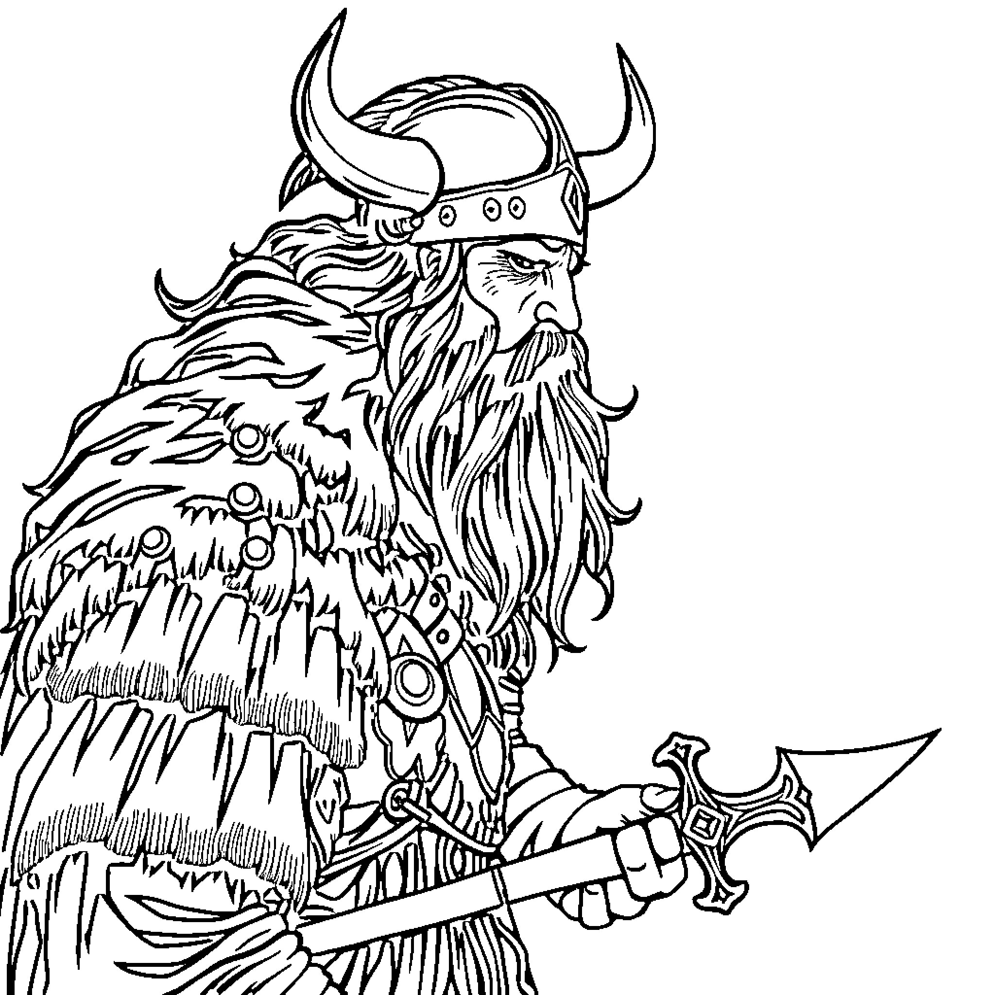 Viking warrior wielding mighty axe in battle Coloring Page (free black-and-white line drawing printable PDF for all, from beginners to advanced learners, including children, teens, adults, and seniors)