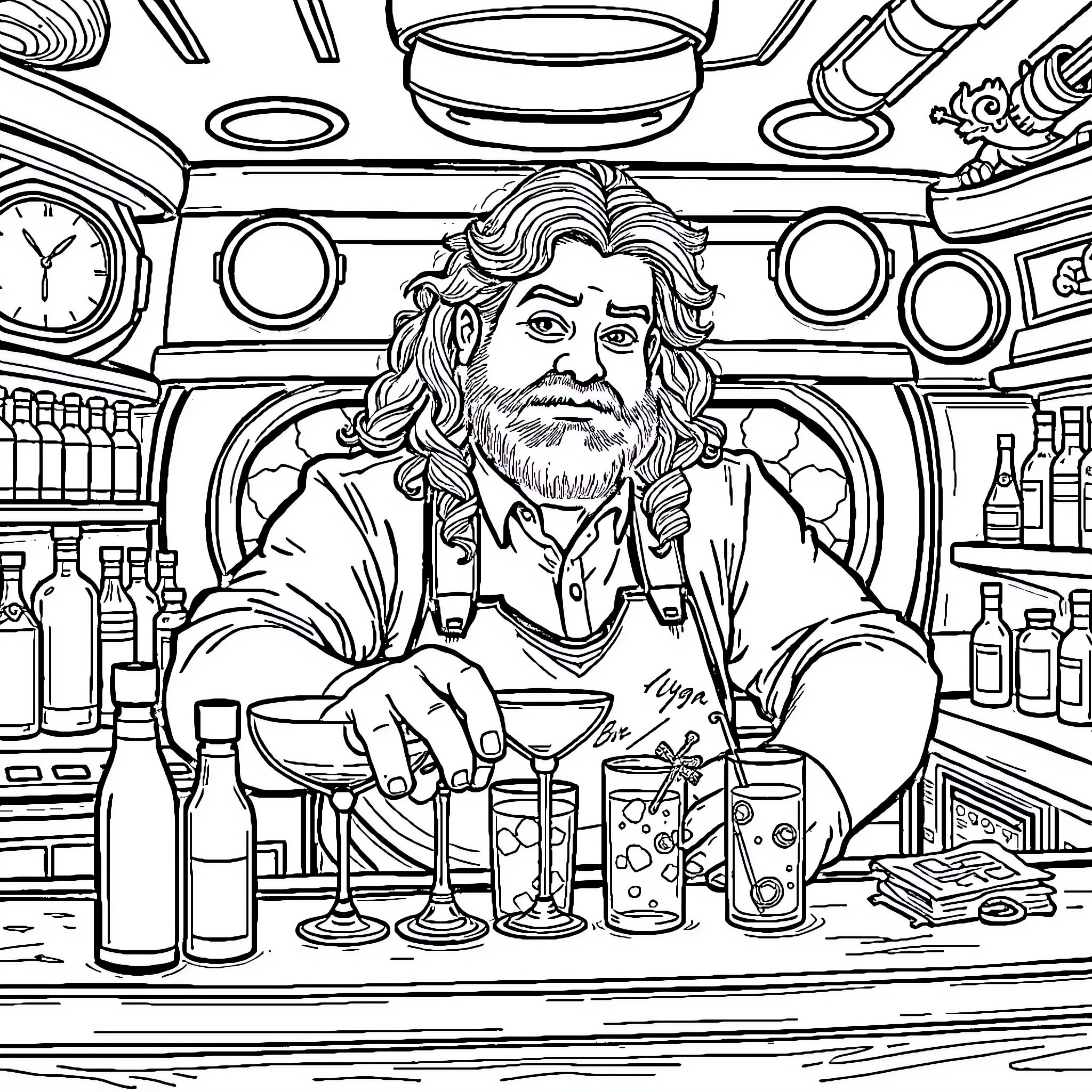 Bartender serving drinks behind the bar counter Coloring Page (free black-and-white line drawing printable PDF for all, from beginners to advanced learners, including children, teens, adults, and seniors)