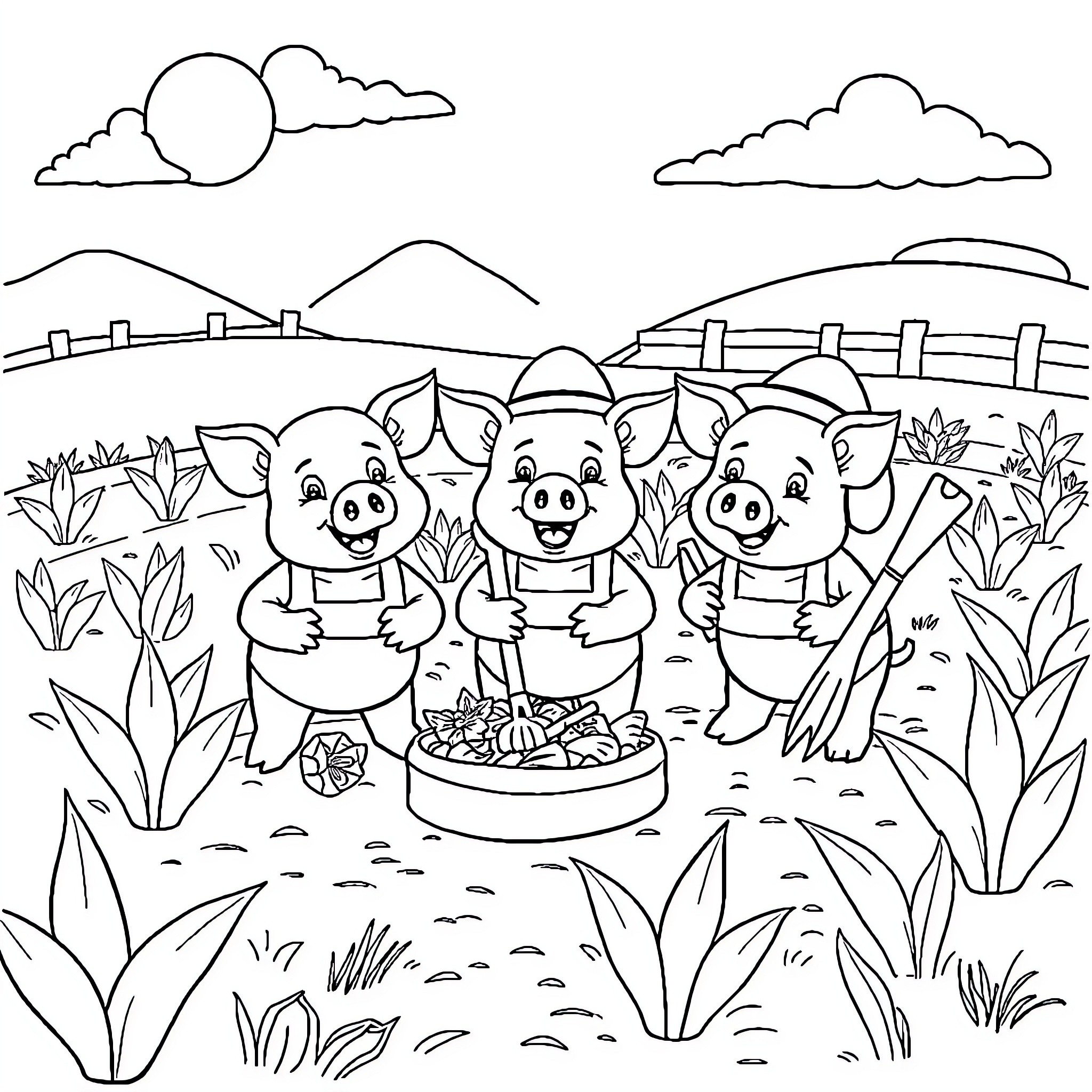 Pigs enjoying a picnic in the countryside Coloring Page (free black-and-white line drawing printable PDF for all, from beginners to advanced learners, including children, teens, adults, and seniors)