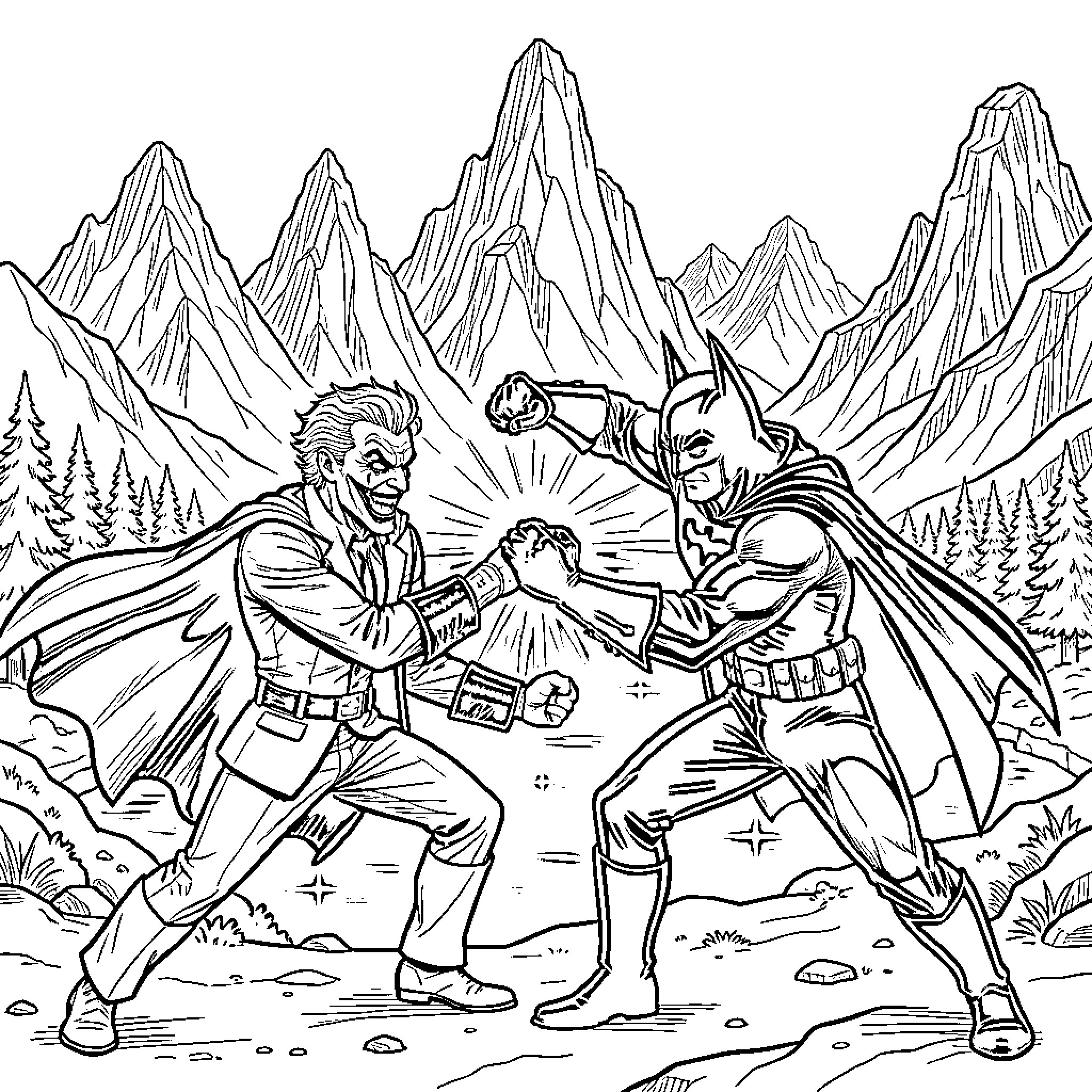 Joker battling caped hero in mountain wilderness Coloring Page (free black-and-white line drawing printable PDF for all, from beginners to advanced learners, including children, teens, adults, and seniors)