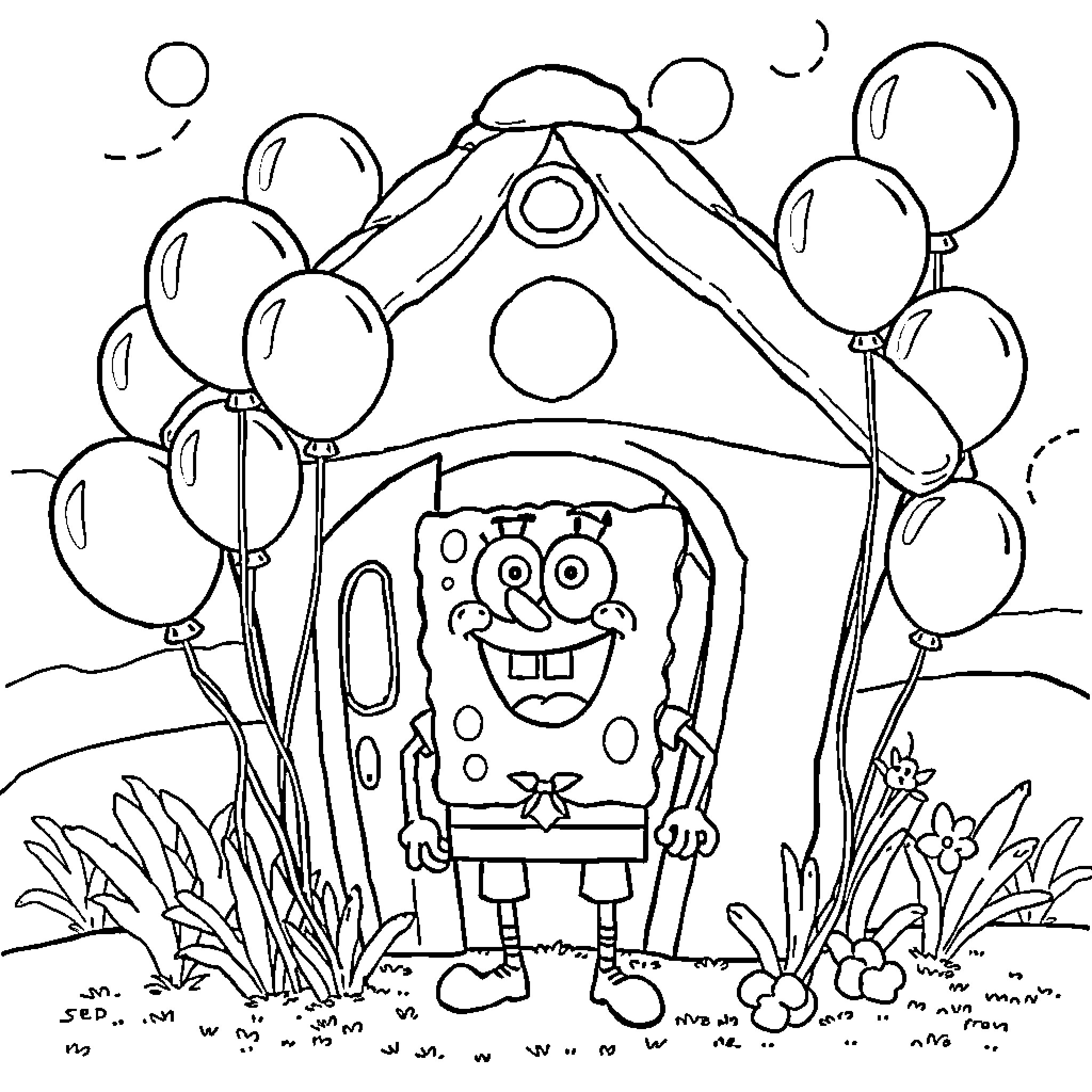 Spongebob surrounded by balloons in the park Coloring Page (free black-and-white line drawing printable PDF for all, from beginners to advanced learners, including children, teens, adults, and seniors)