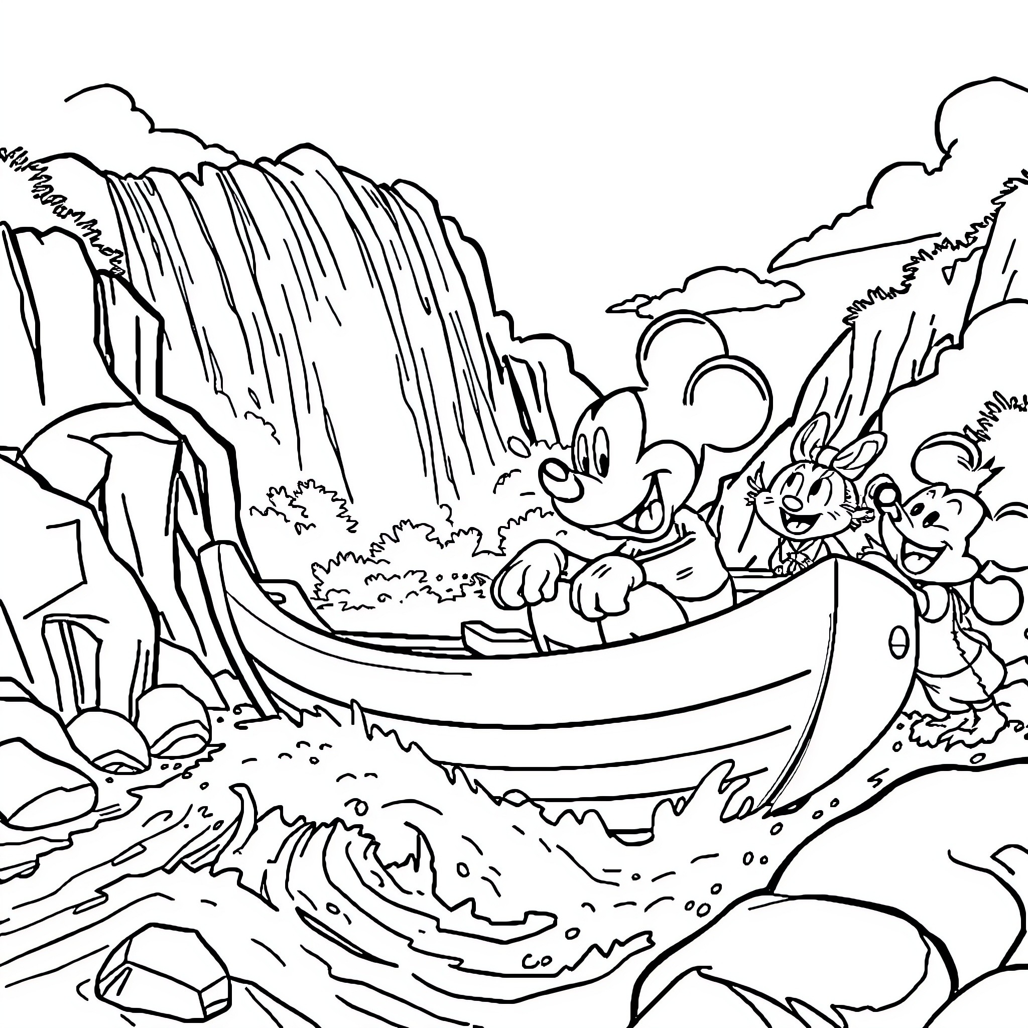 Mickey Mouse Explores the Magical Waterfall Lagoon Coloring Page (free black-and-white line drawing printable PDF for all, from beginners to advanced learners, including children, teens, adults, and seniors)