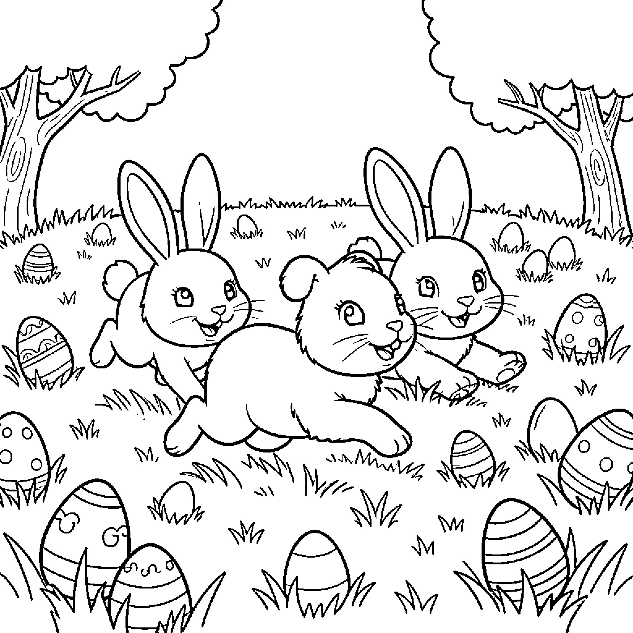 Bunny friends exploring the Easter-themed garden Coloring Page (free black-and-white line drawing printable PDF for all, from beginners to advanced learners, including children, teens, adults, and seniors)