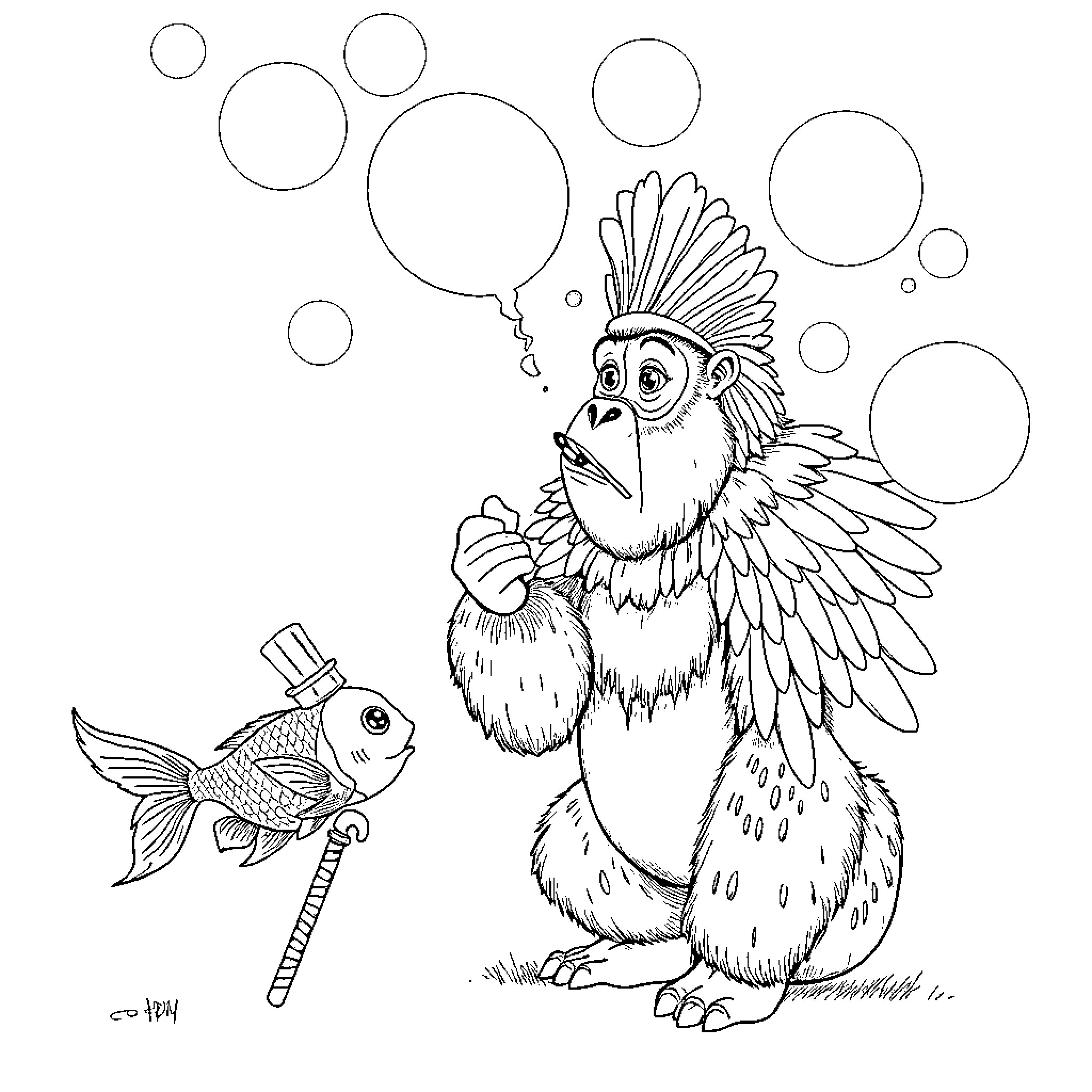 Goldfish and Winged Creature Playing with Bubbles Coloring Page (free black-and-white line drawing printable PDF for all, from beginners to advanced learners, including children, teens, adults, and seniors)
