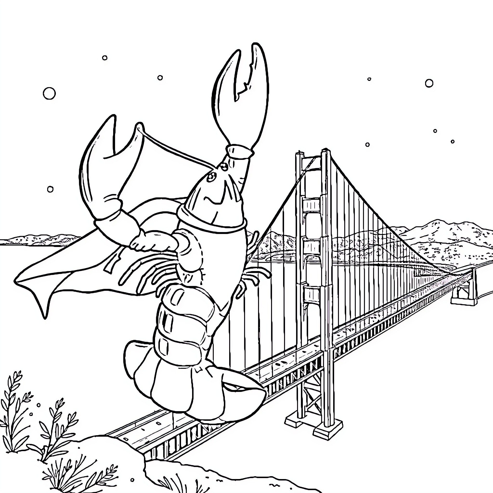 Lobster climbing on a famous bridge Coloring Page (free black-and-white line drawing printable PDF for all, from beginners to advanced learners, including children, teens, adults, and seniors)