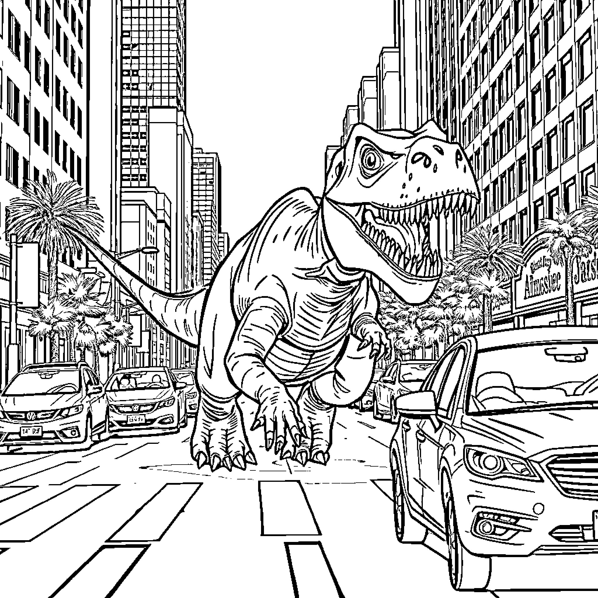 Dinosaur Roams the City Streets Coloring Page (free black-and-white line drawing printable PDF for all, from beginners to advanced learners, including children, teens, adults, and seniors)
