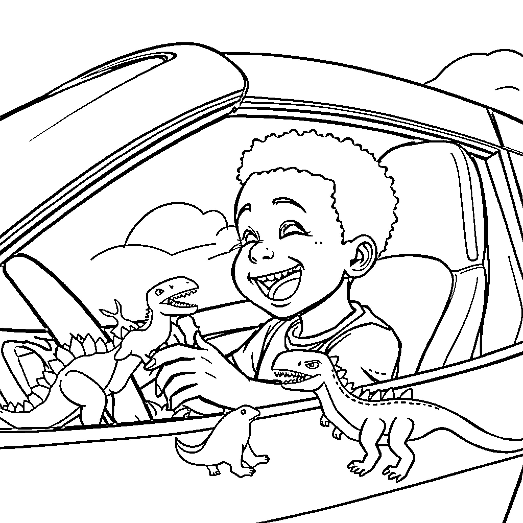 Boy playing with toy dinosaurs in the car Coloring Page (free black-and-white line drawing printable PDF for all, from beginners to advanced learners, including children, teens, adults, and seniors)