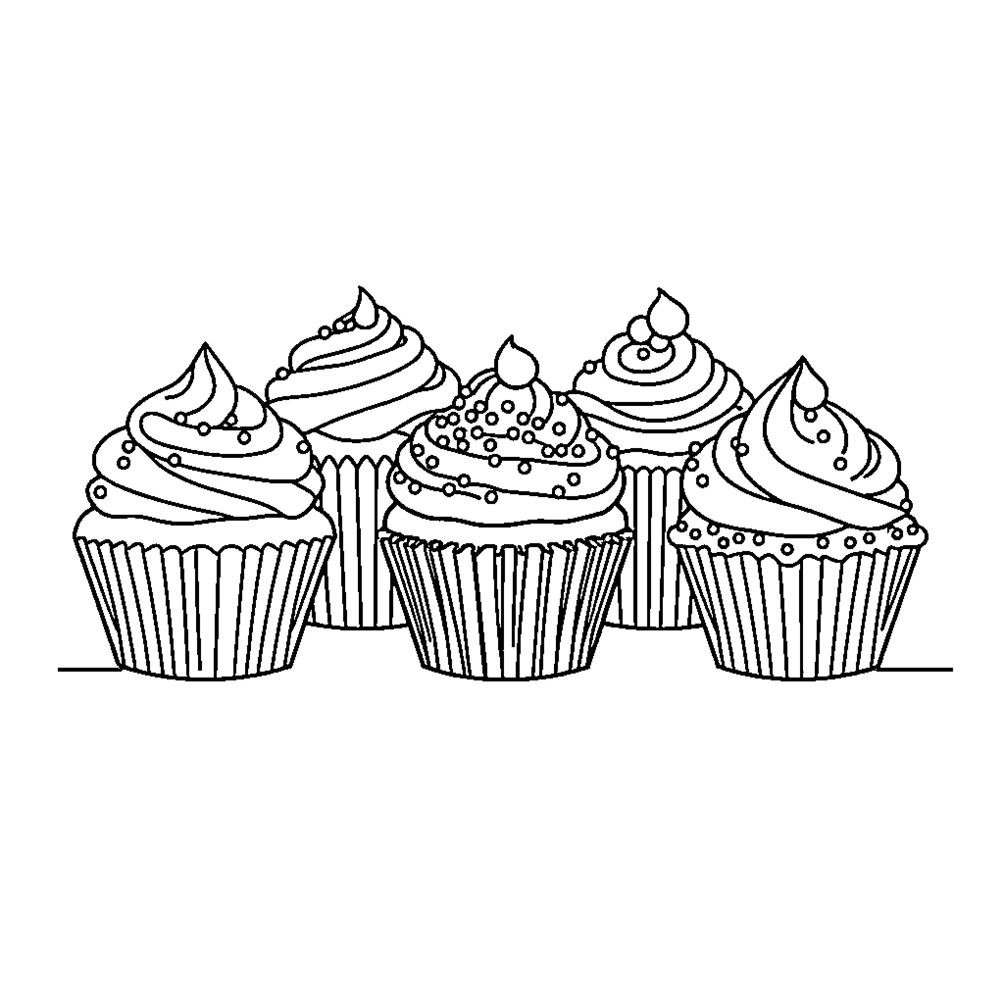 Cupcake Delight: A Sweet Arrangement Coloring Page (free black-and-white line drawing printable PDF for all, from beginners to advanced learners, including children, teens, adults, and seniors)
