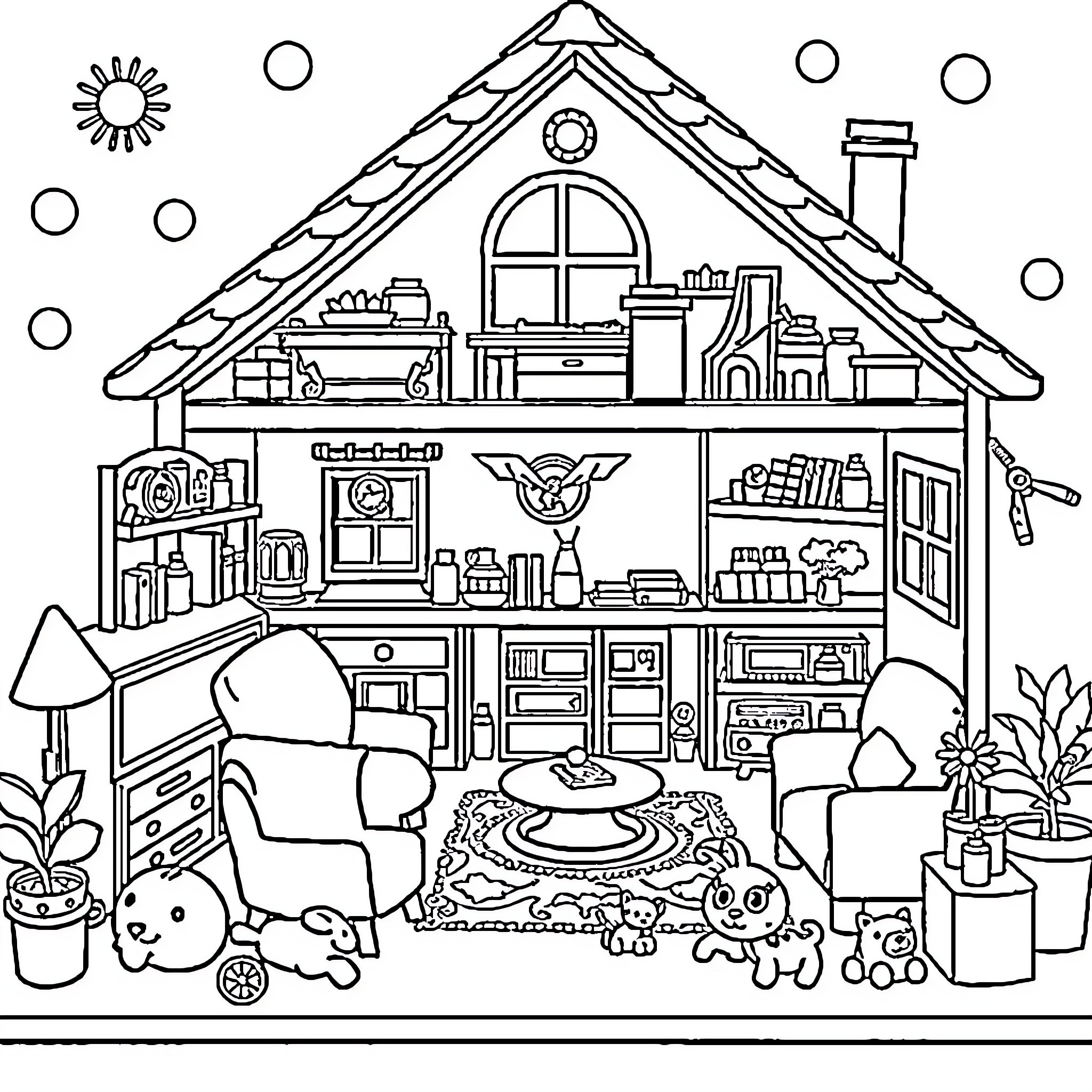Gabby's Cozy Home Filled with Toys and Decor Coloring Page (free black-and-white line drawing printable PDF for all, from beginners to advanced learners, including children, teens, adults, and seniors)