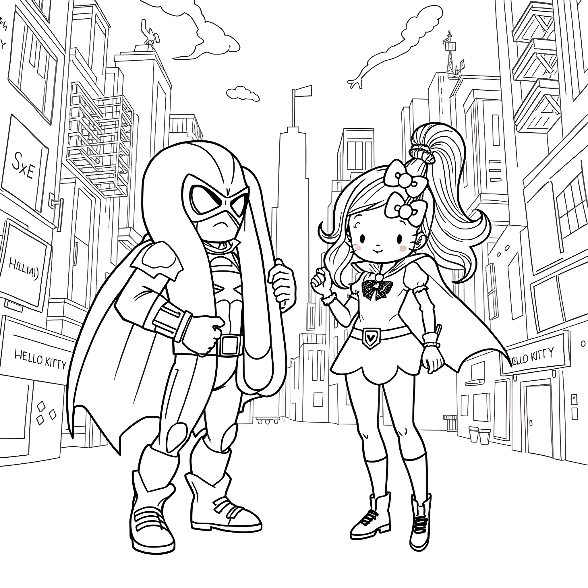 Superhero duo in action-packed city scene Coloring Page (free black-and-white line drawing printable PDF for all, from beginners to advanced learners, including children, teens, adults, and seniors)