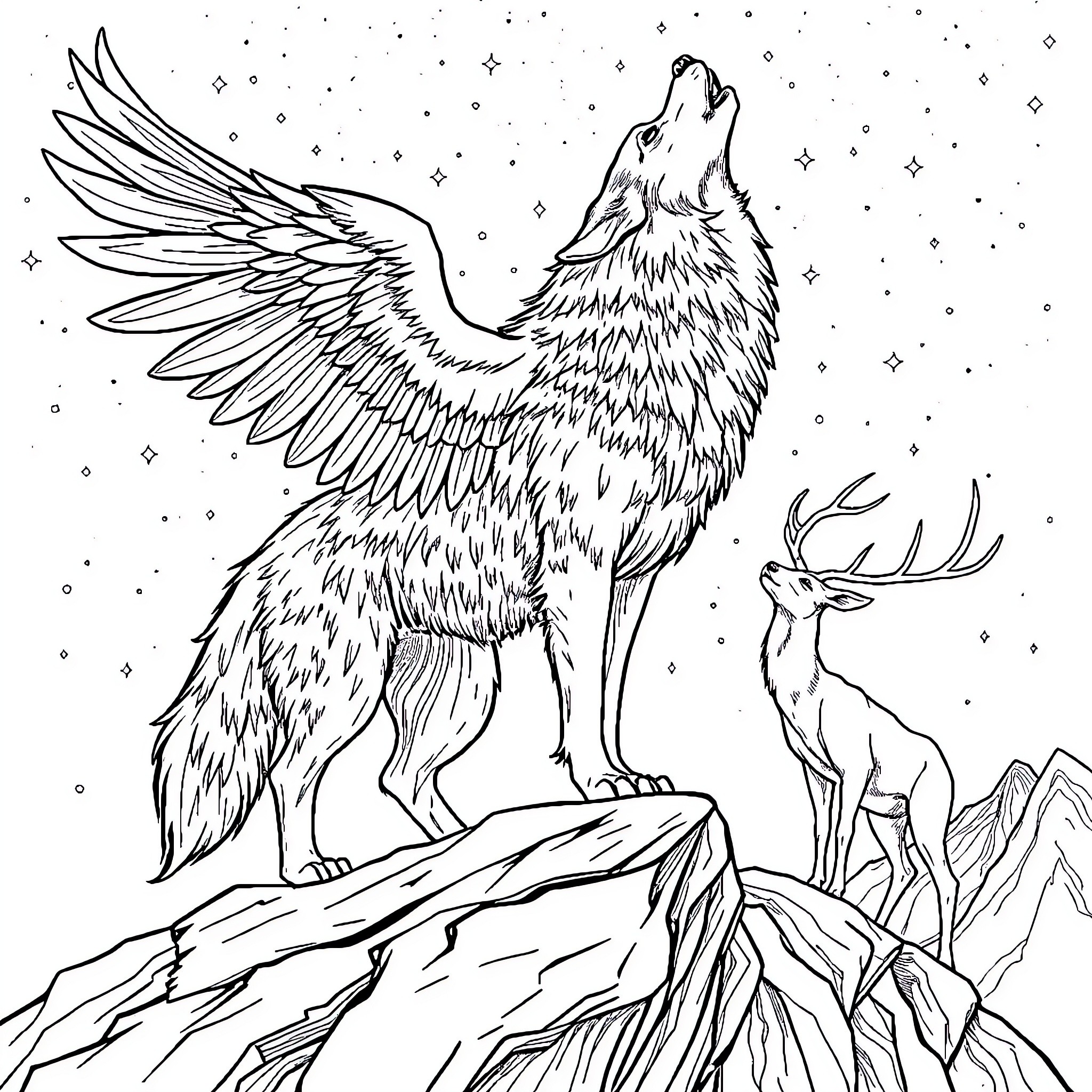 Wolf howling under the starry night sky Coloring Page (free black-and-white line drawing printable PDF for all, from beginners to advanced learners, including children, teens, adults, and seniors)