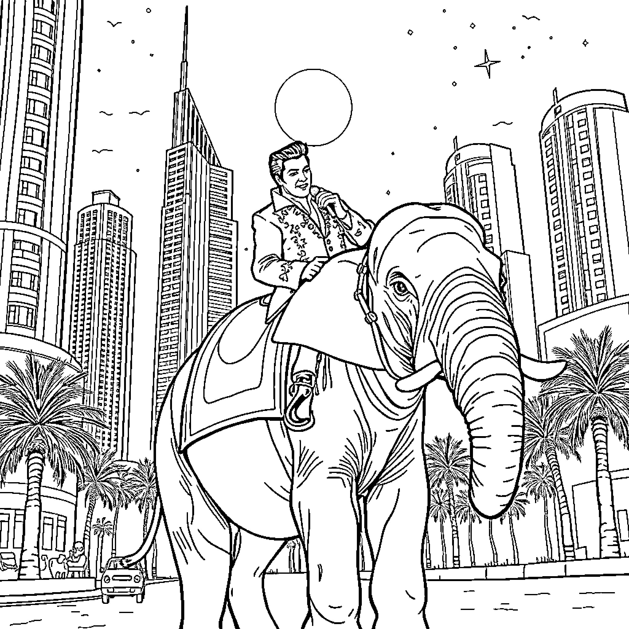 Elvis riding a magical elephant through a futuristic city Coloring Page (free black-and-white line drawing printable PDF for all, from beginners to advanced learners, including children, teens, adults, and seniors)