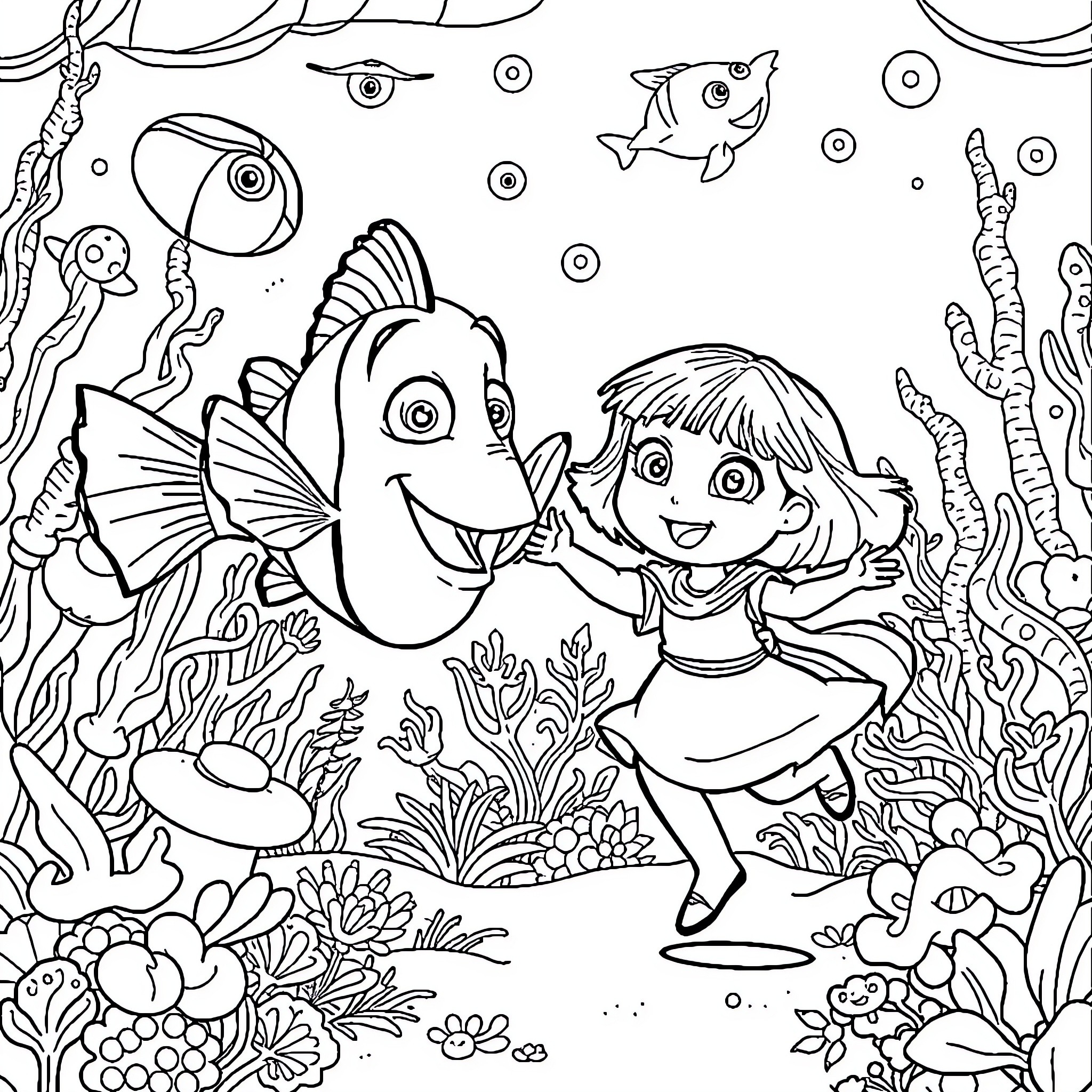Nemo's Underwater Adventure Coloring Page (free black-and-white line drawing printable PDF for all, from beginners to advanced learners, including children, teens, adults, and seniors)