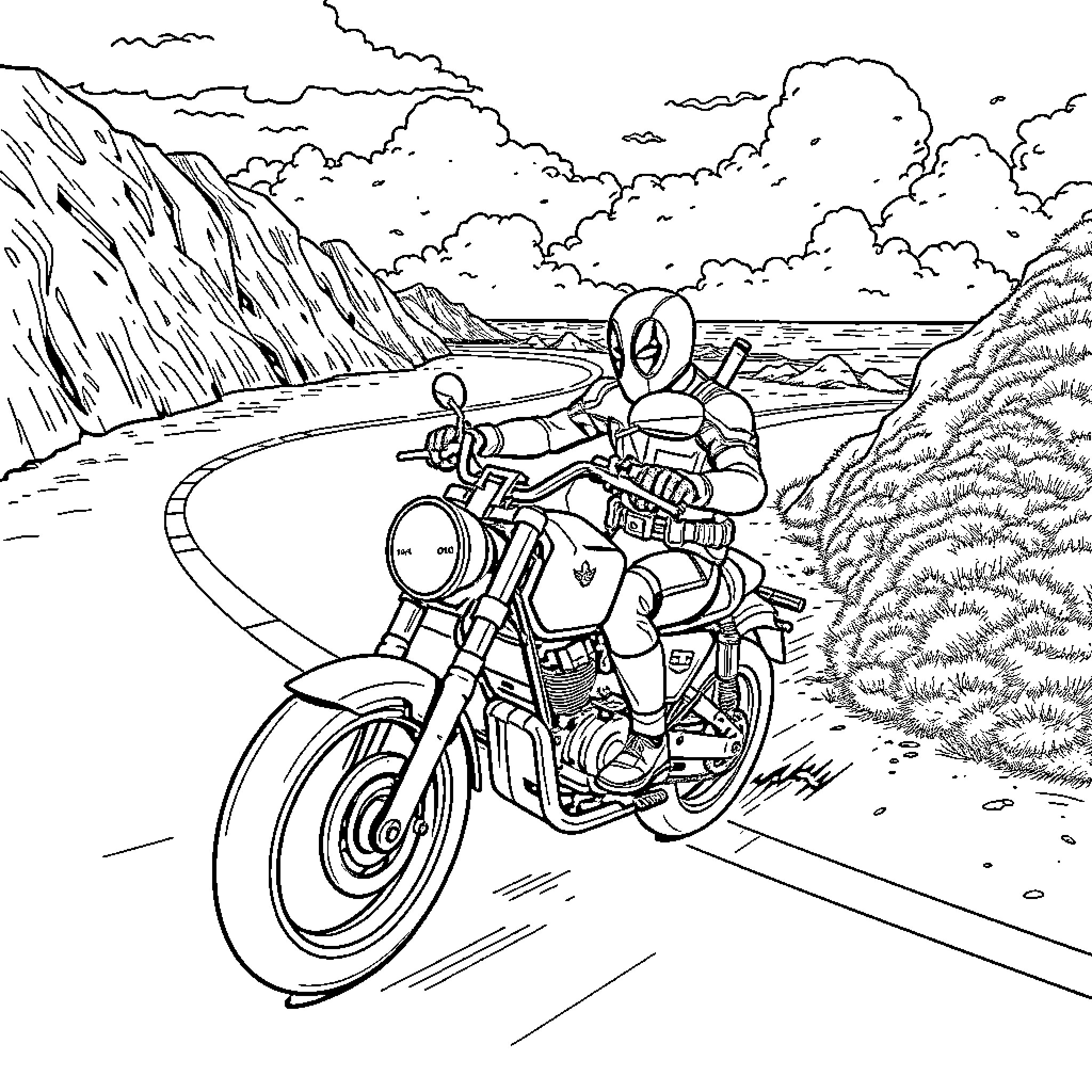Deadpool riding motorcycle through winding mountain road Coloring Page (free black-and-white line drawing printable PDF for all, from beginners to advanced learners, including children, teens, adults, and seniors)