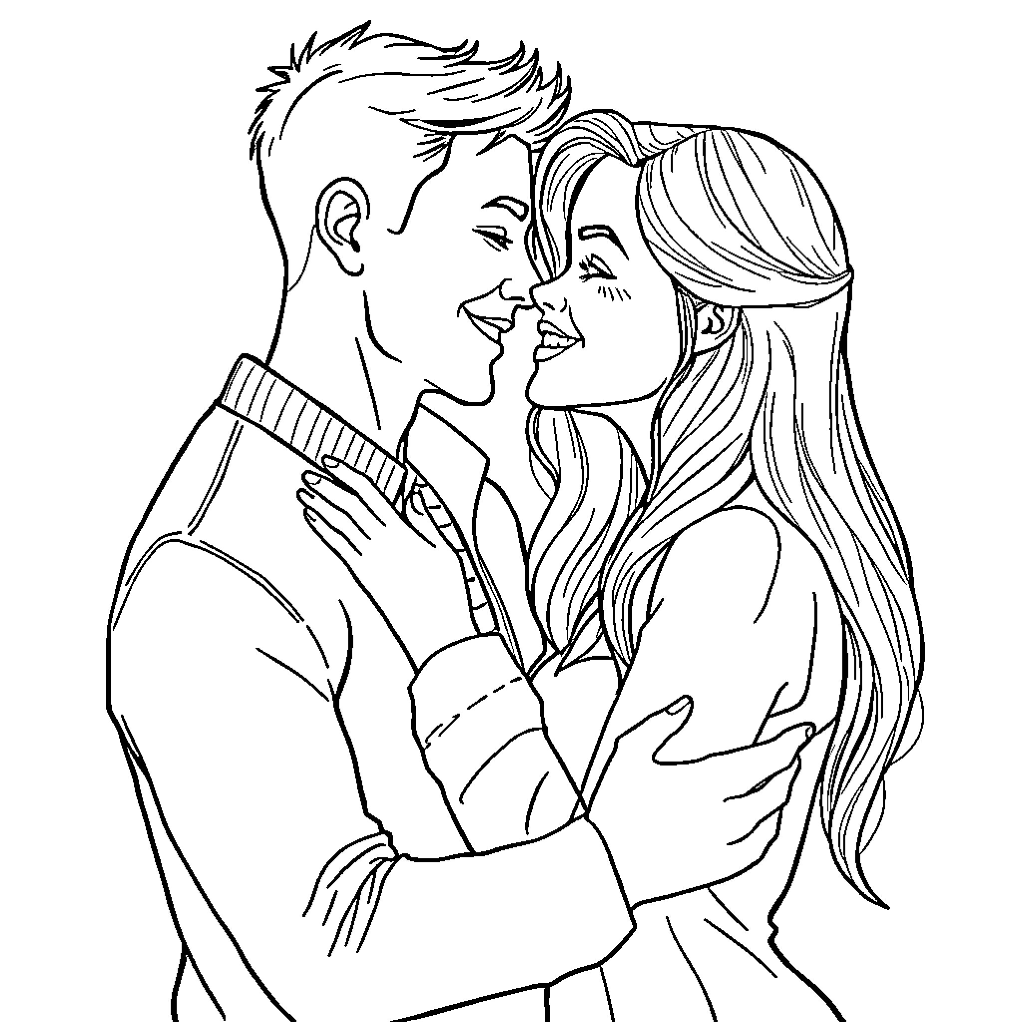 Love's Embrace: A Tender Moment Between Lovers Coloring Page (free black-and-white line drawing printable PDF for all, from beginners to advanced learners, including children, teens, adults, and seniors)