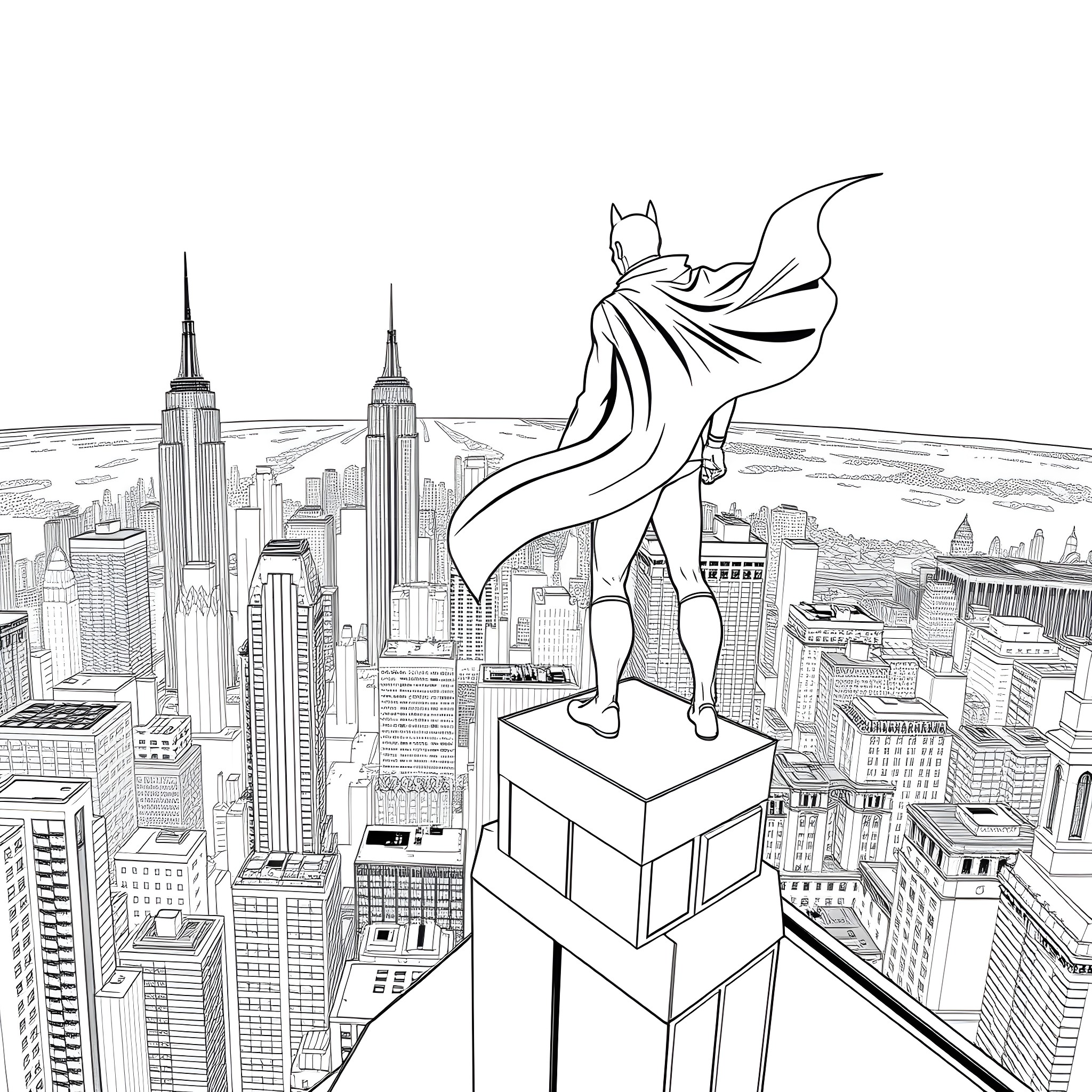 Red Hood overlooking the bustling city skyline Coloring Page (free black-and-white line drawing printable PDF for all, from beginners to advanced learners, including children, teens, adults, and seniors)