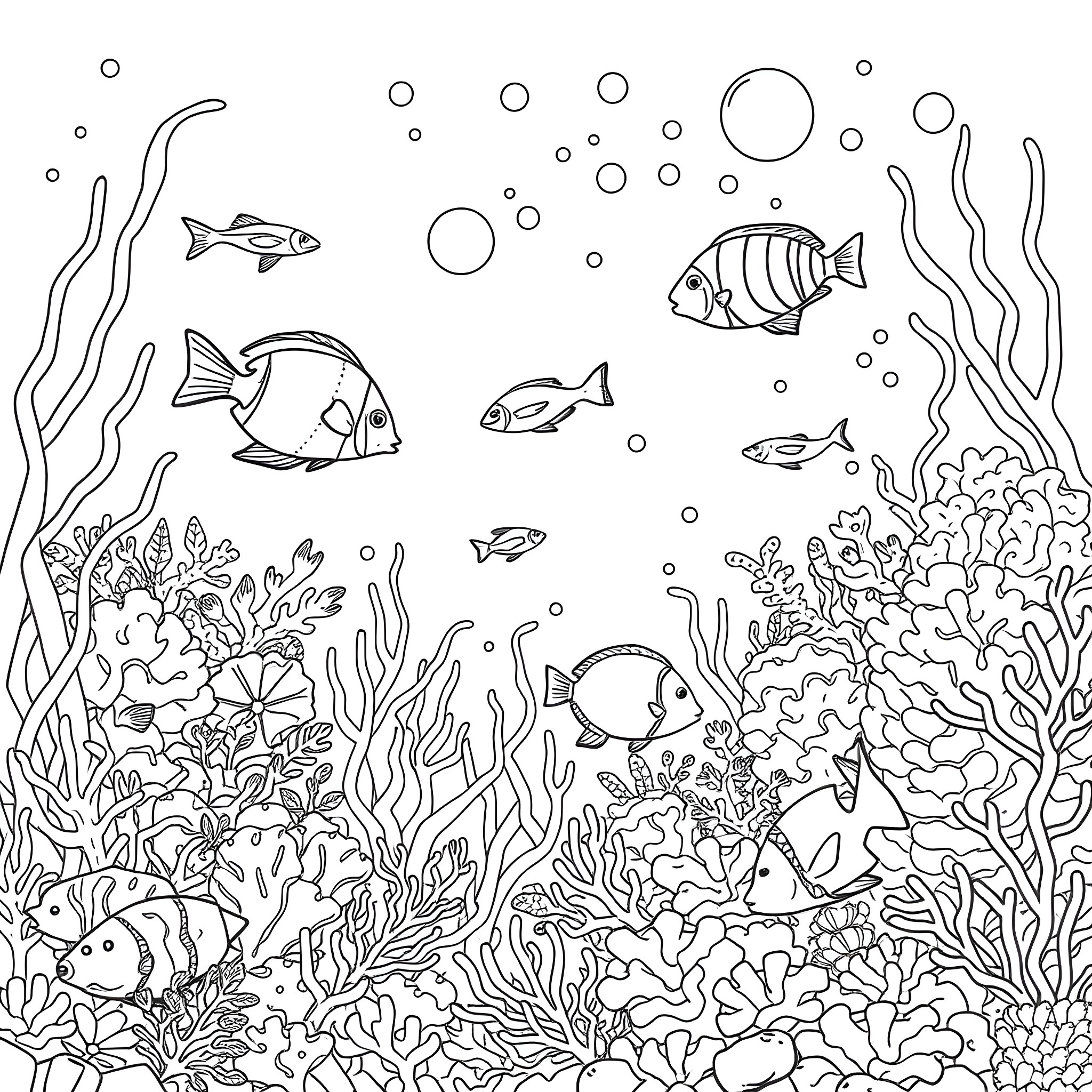 Fish swimming in a colorful coral reef Coloring Page (free black-and-white line drawing printable PDF for all, from beginners to advanced learners, including children, teens, adults, and seniors)