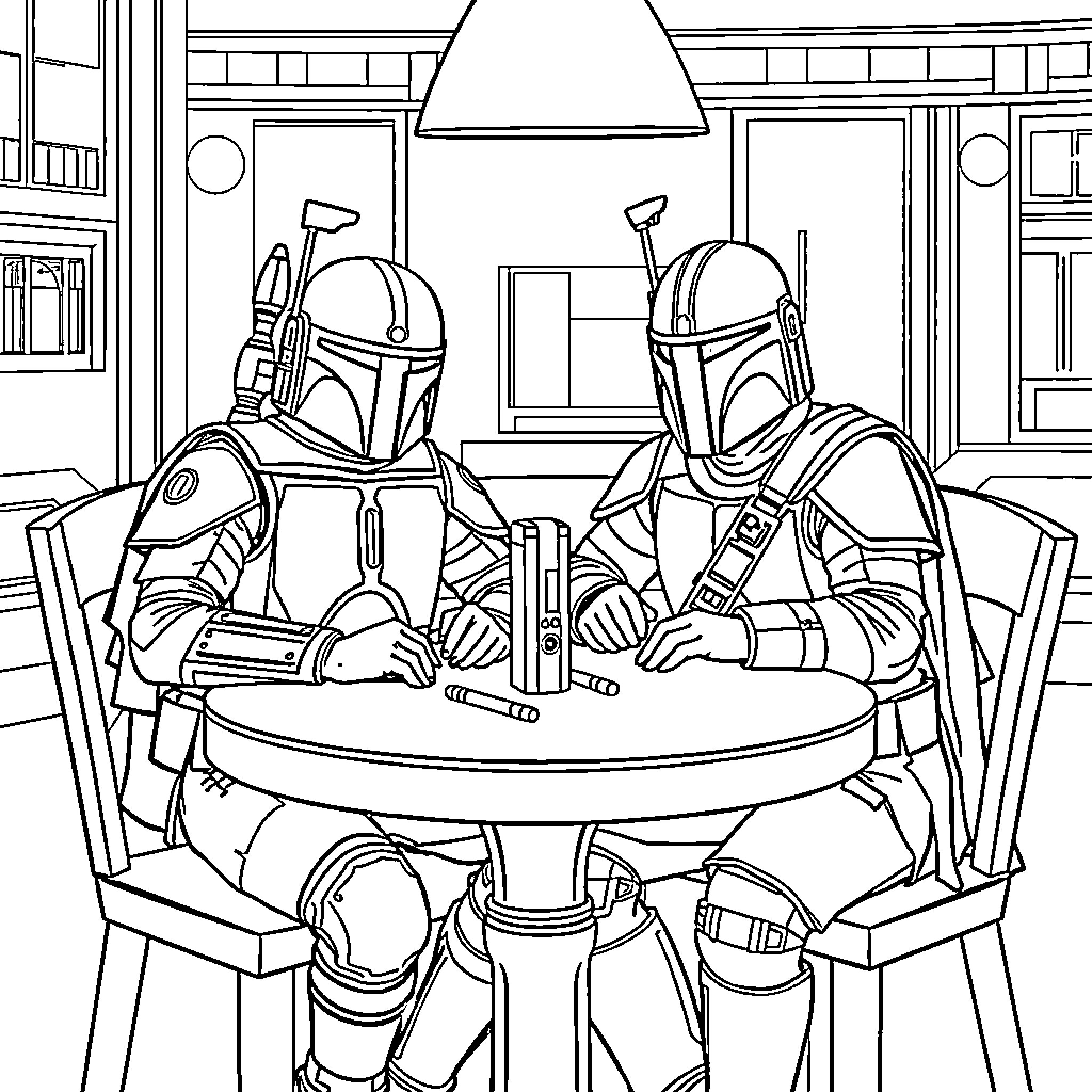 Boba Fett enjoying a meal with a fellow bounty hunter Coloring Page (free black-and-white line drawing printable PDF for all, from beginners to advanced learners, including children, teens, adults, and seniors)