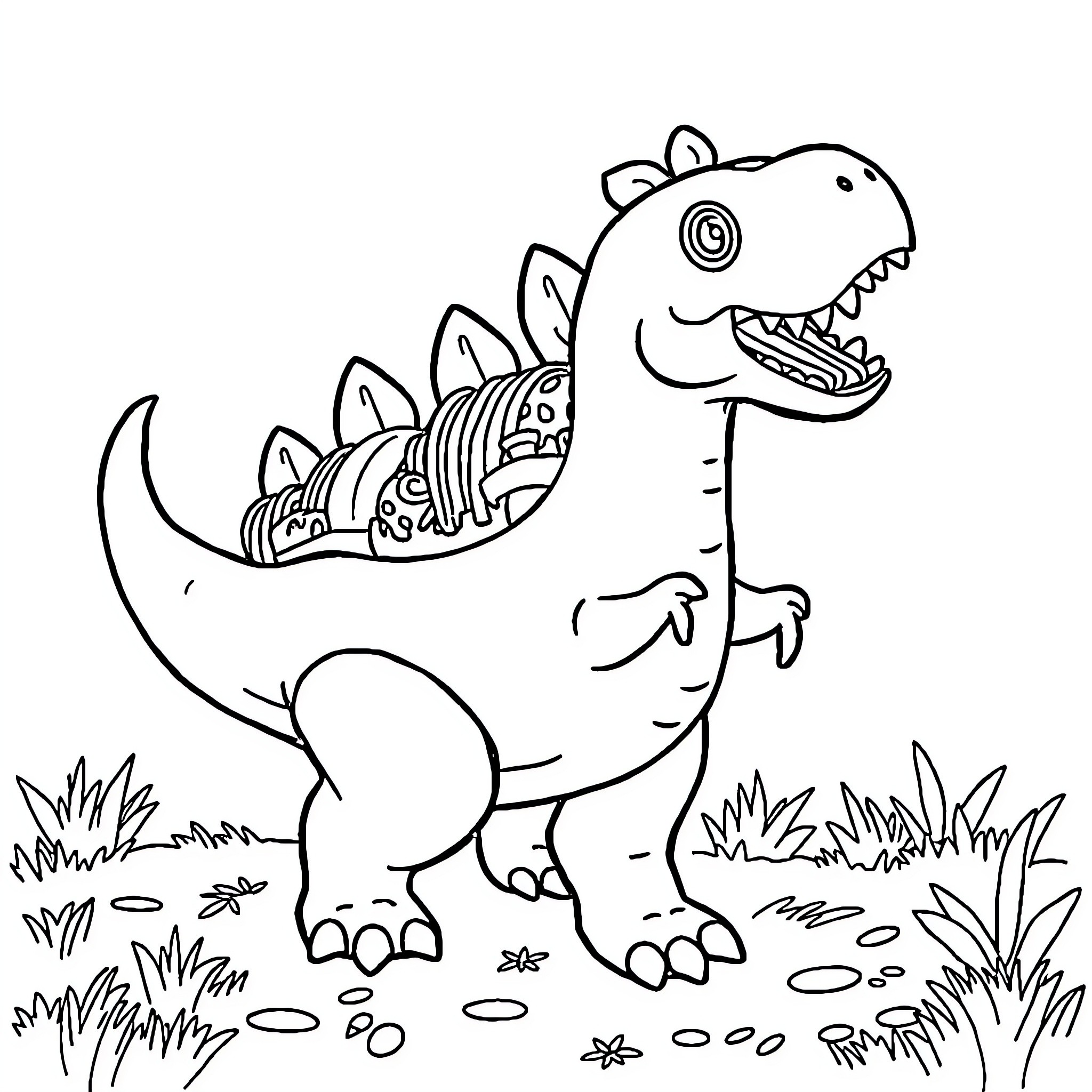 Dinosaur stomping happily through the forest Coloring Page (free black-and-white line drawing printable PDF for all, from beginners to advanced learners, including children, teens, adults, and seniors)