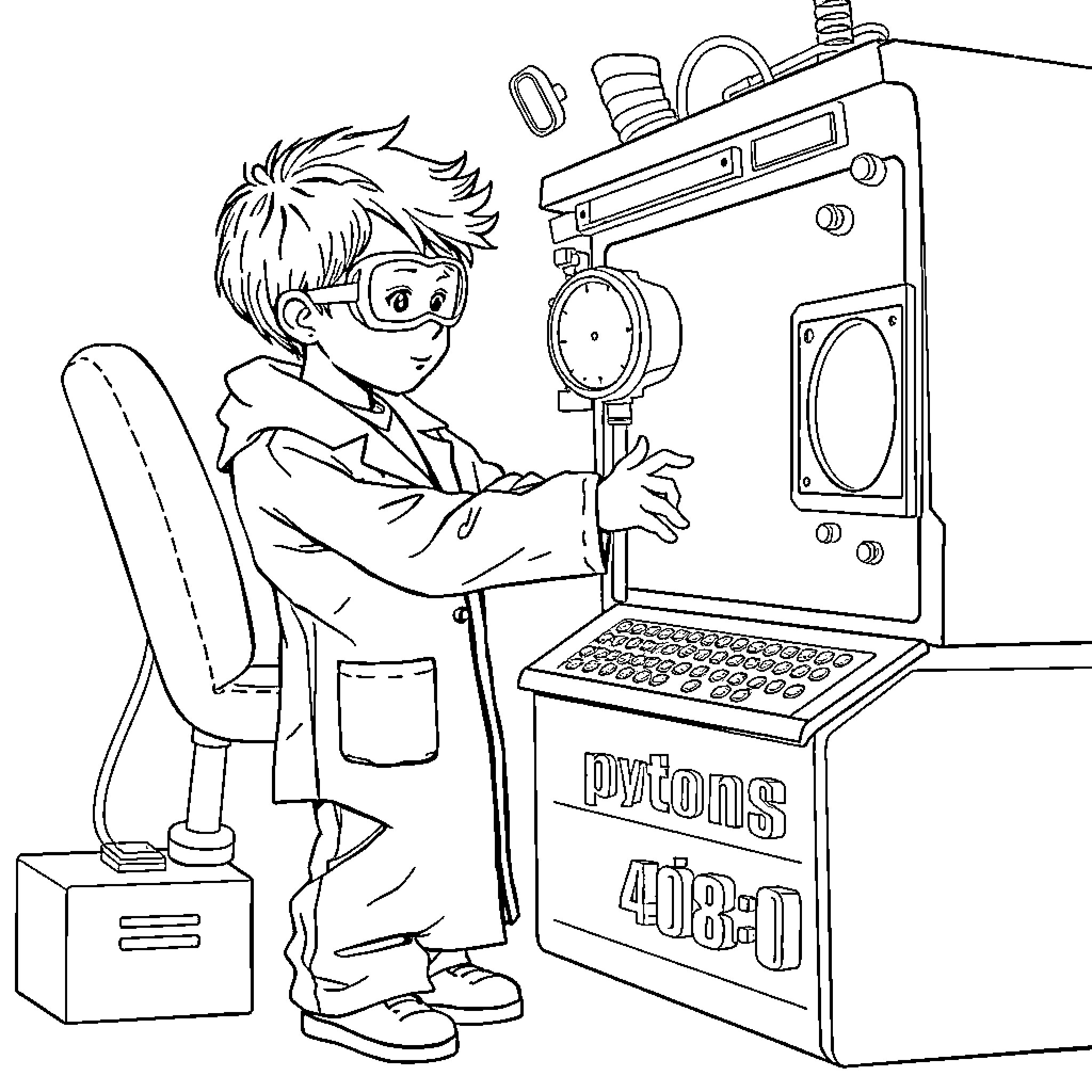 Medical Physicist child operating complex scientific machinery Coloring Page (free black-and-white line drawing printable PDF for all, from beginners to advanced learners, including children, teens, adults, and seniors)