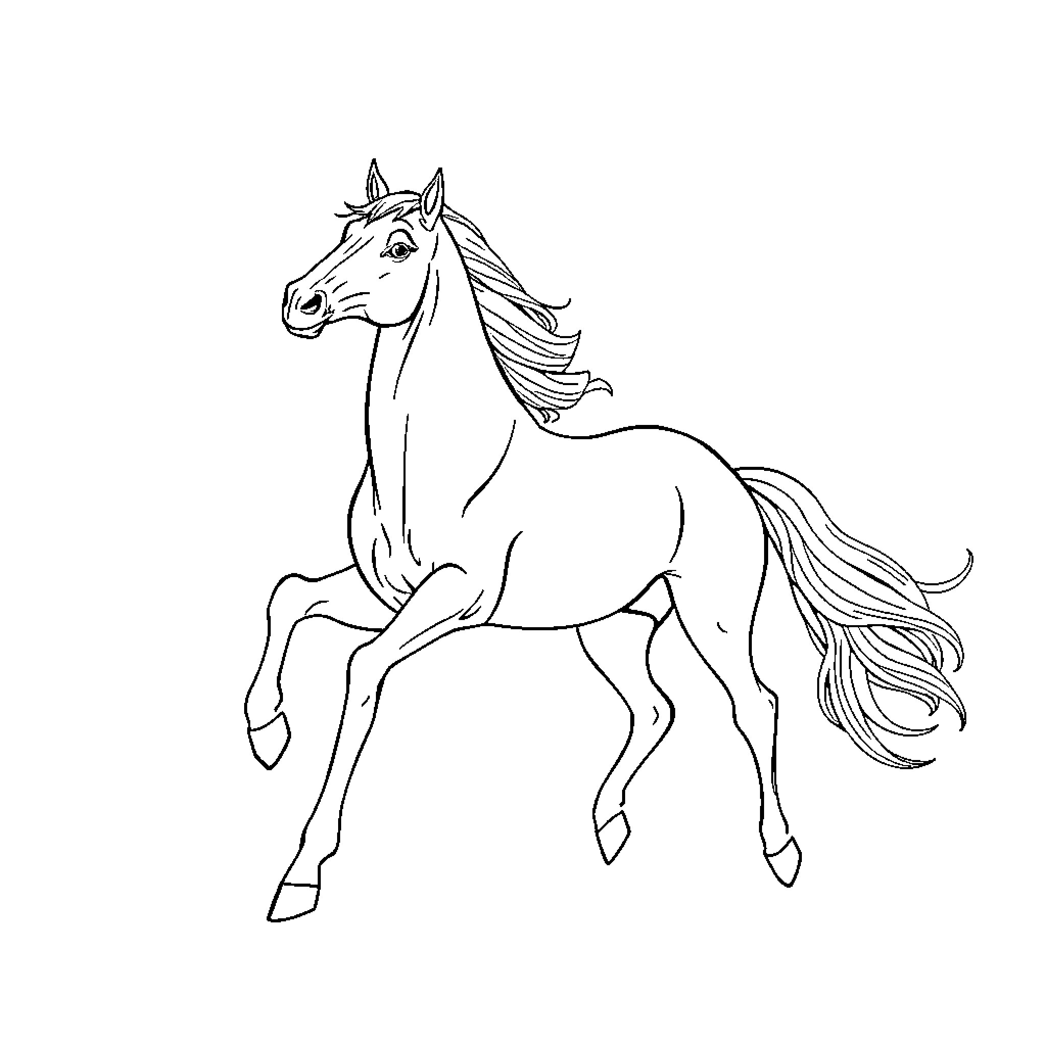 Horse galloping joyfully in the open field Coloring Page (free black-and-white line drawing printable PDF for all, from beginners to advanced learners, including children, teens, adults, and seniors)