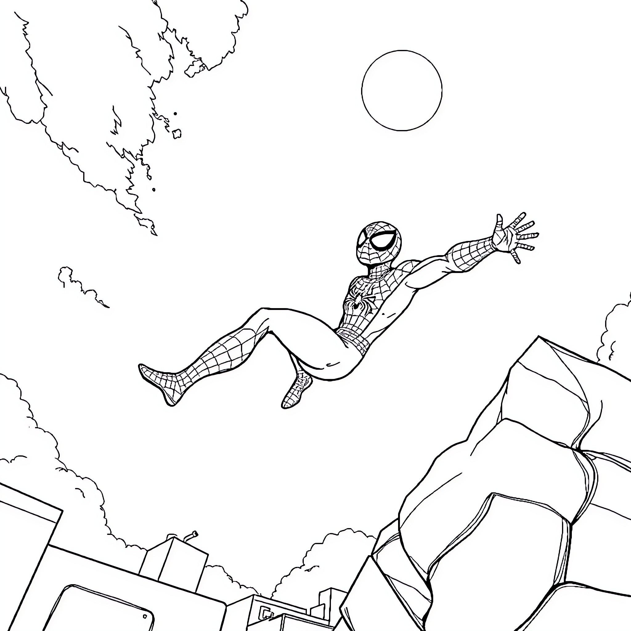Spiderman swinging through the city skyline Coloring Page (free black-and-white line drawing printable PDF for all, from beginners to advanced learners, including children, teens, adults, and seniors)