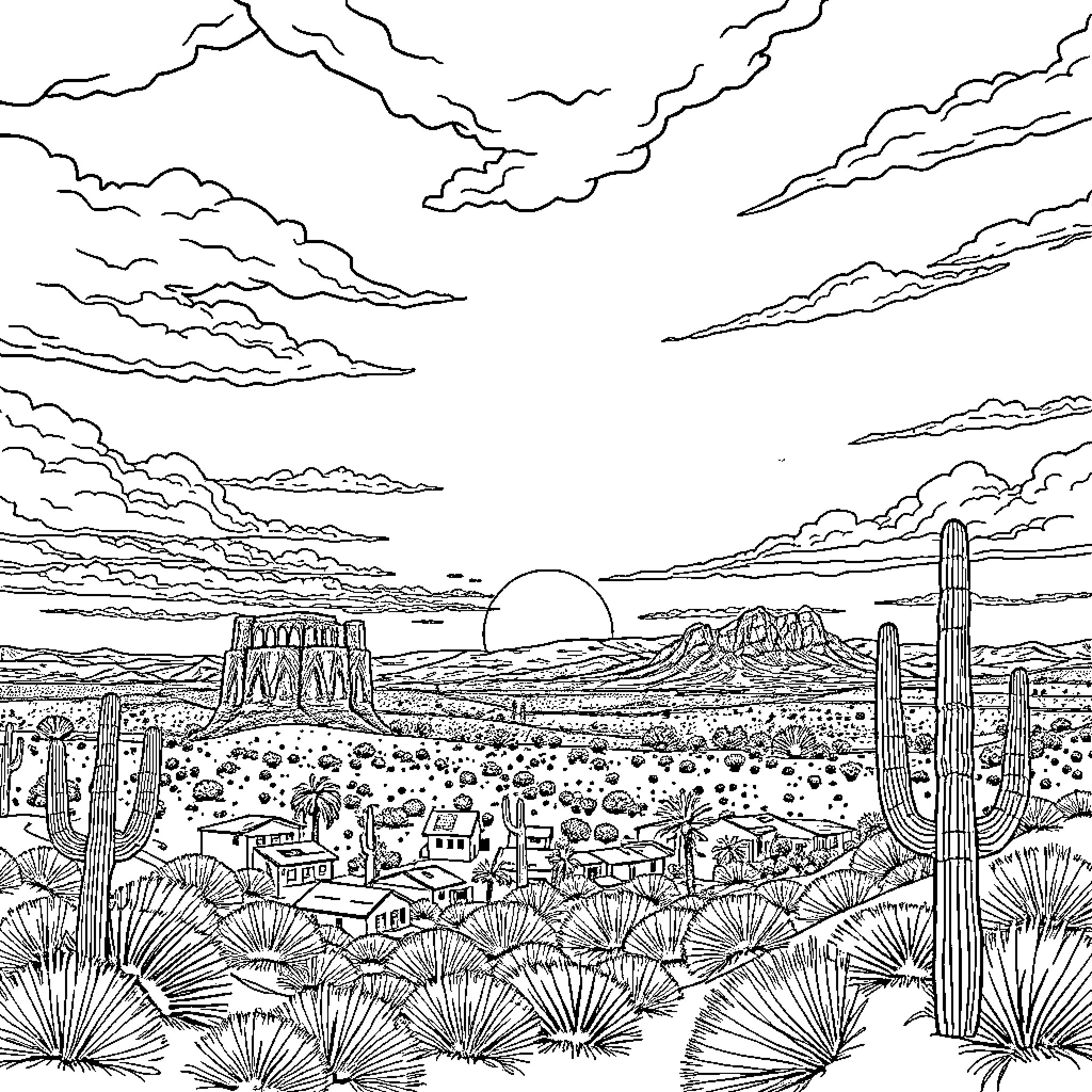 Guadalupe's Serene Desert Landscape Coloring Page (free black-and-white line drawing printable PDF for all, from beginners to advanced learners, including children, teens, adults, and seniors)