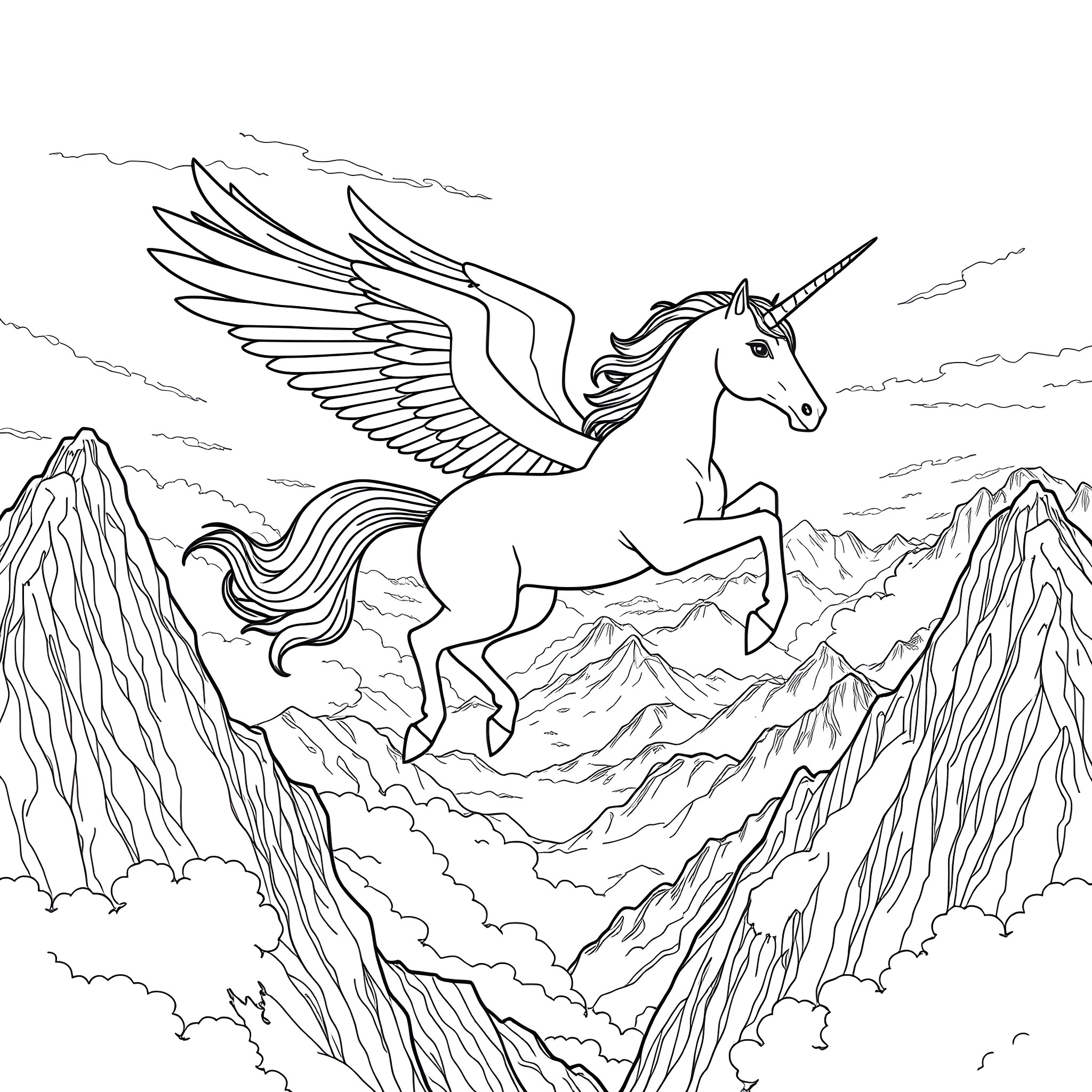 Majestic Unicorn Soaring Through Mountainous Skies Coloring Page (free black-and-white line drawing printable PDF for all, from beginners to advanced learners, including children, teens, adults, and seniors)
