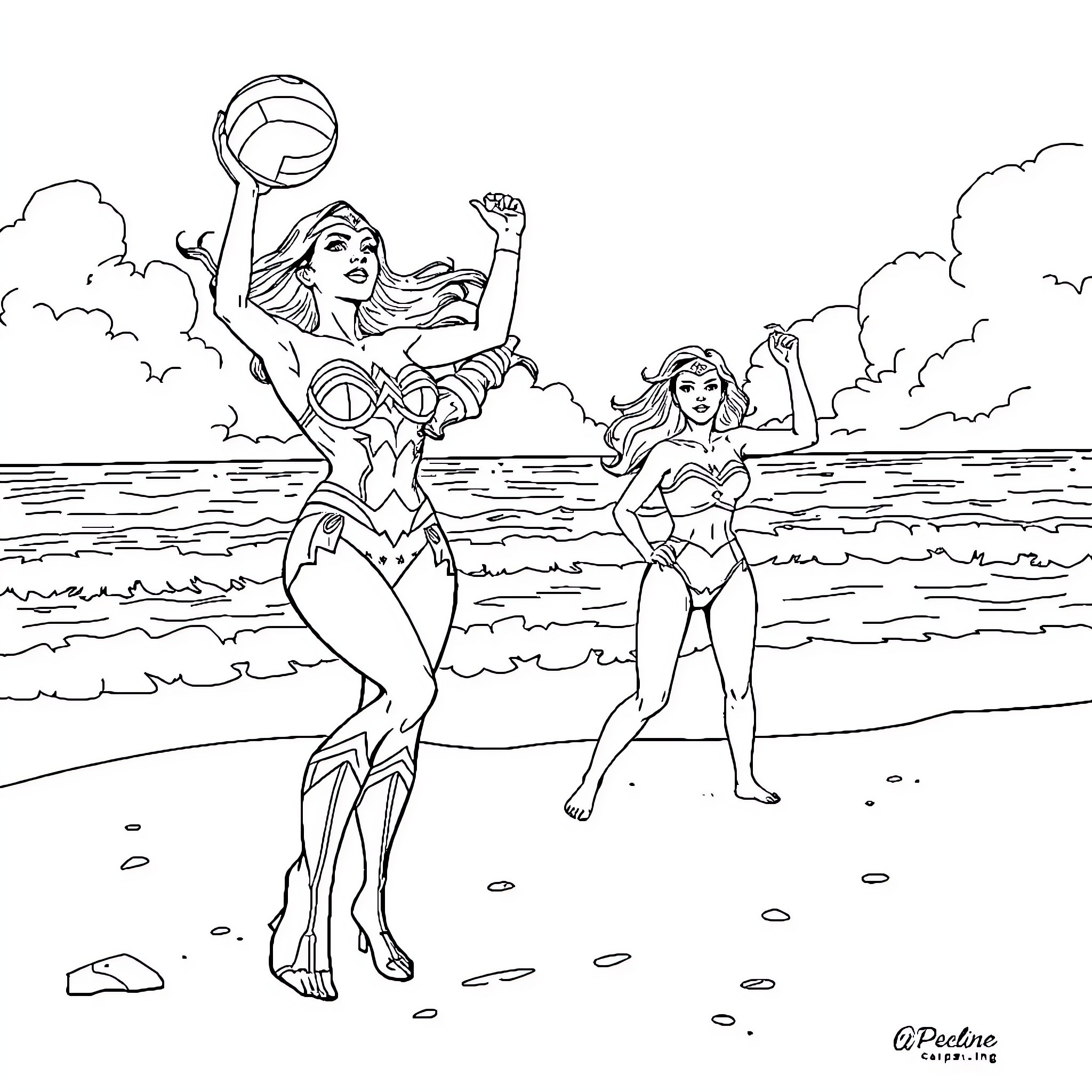 Wonder Woman and Sidekick on the Beach Coloring Page (free black-and-white line drawing printable PDF for all, from beginners to advanced learners, including children, teens, adults, and seniors)