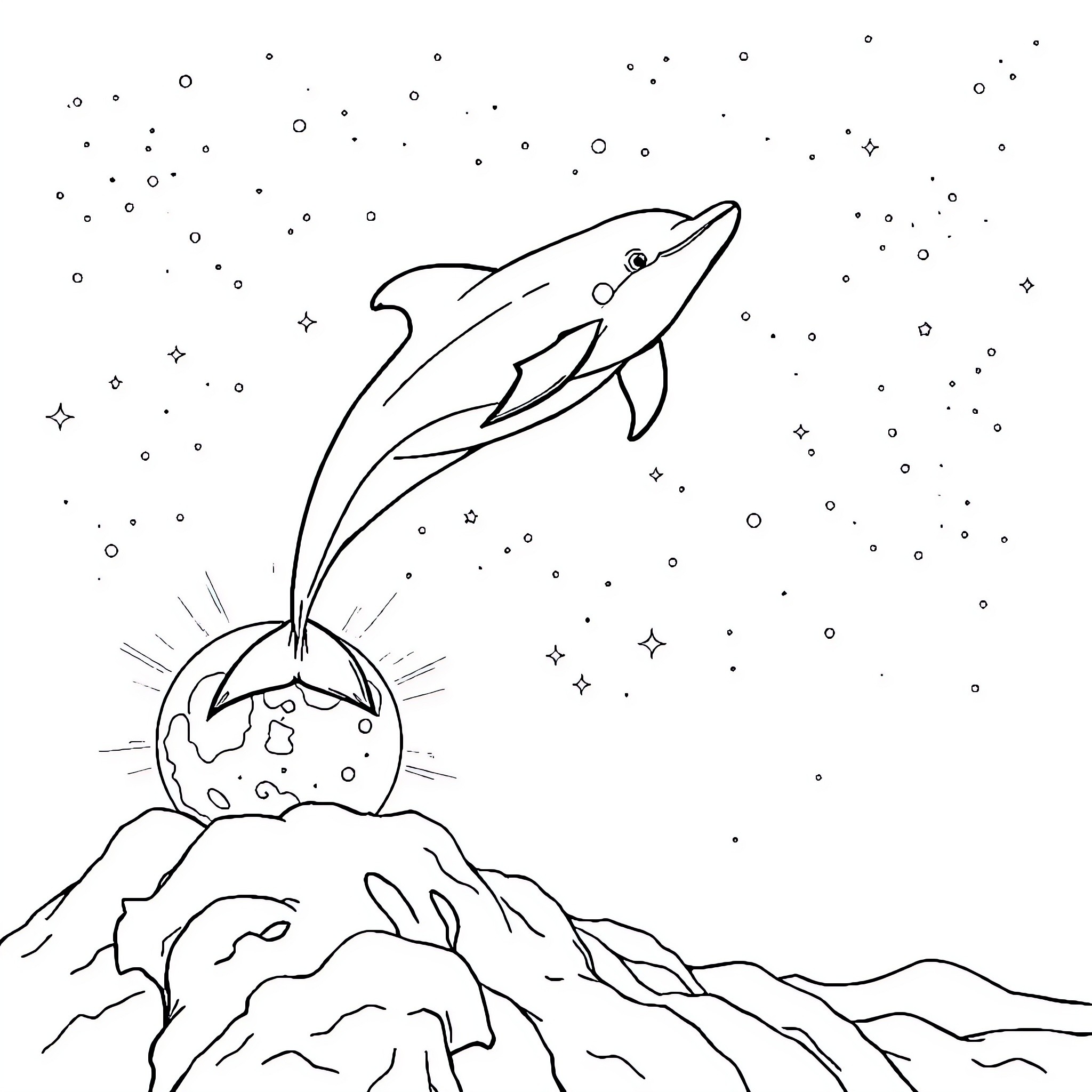 Dolphin leaping over a rocky planet Coloring Page (free black-and-white line drawing printable PDF for all, from beginners to advanced learners, including children, teens, adults, and seniors)