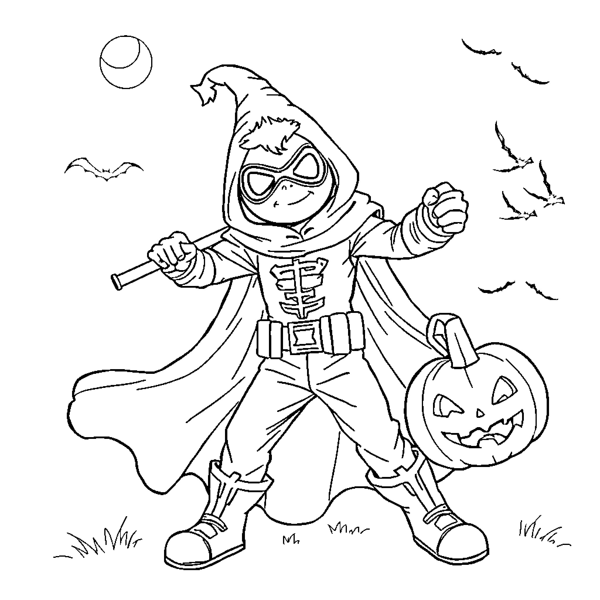 Superhero in Halloween Costume Holding Pumpkin Coloring Page (free black-and-white line drawing printable PDF for all, from beginners to advanced learners, including children, teens, adults, and seniors)