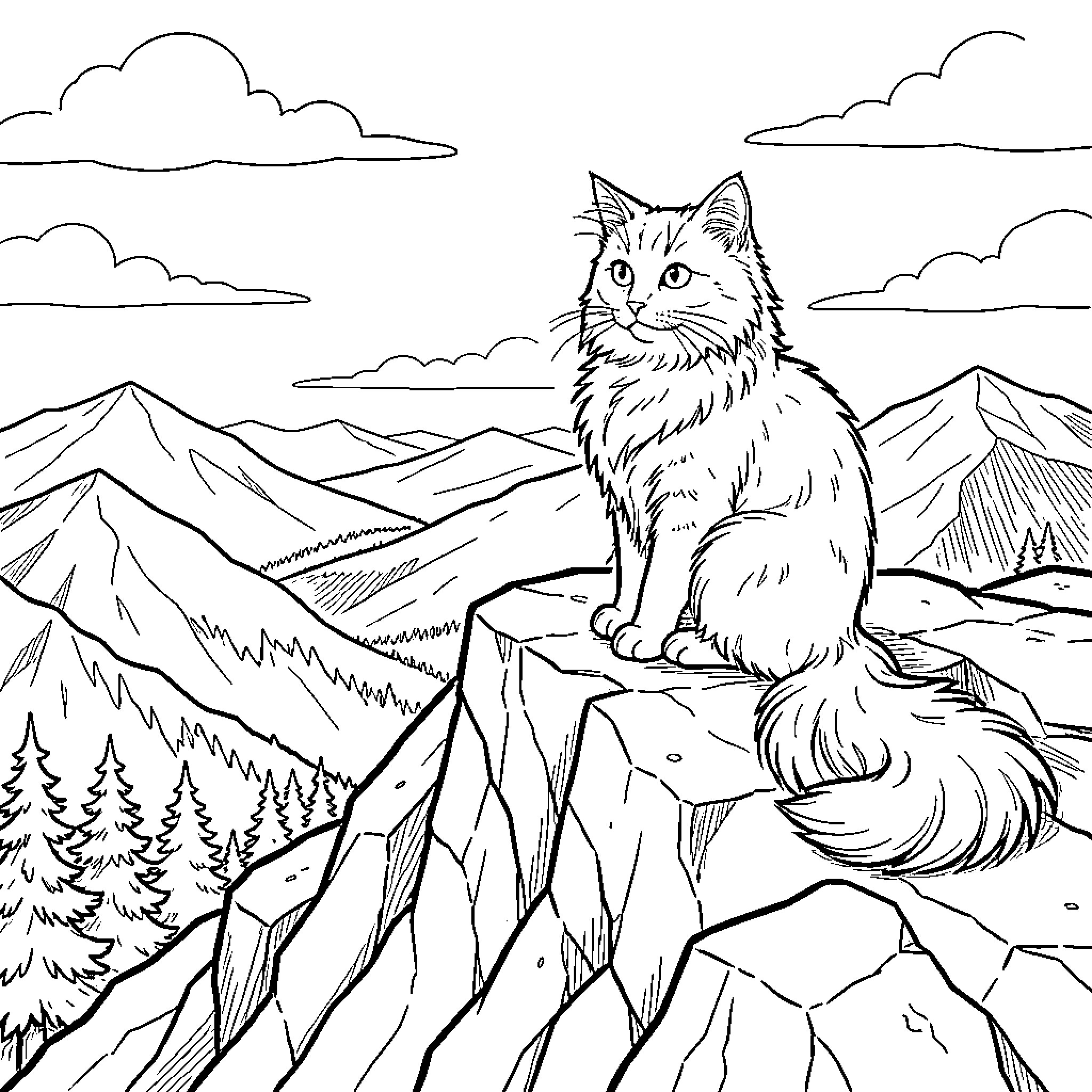 Cat admiring the mountain landscape Coloring Page (free black-and-white line drawing printable PDF for all, from beginners to advanced learners, including children, teens, adults, and seniors)