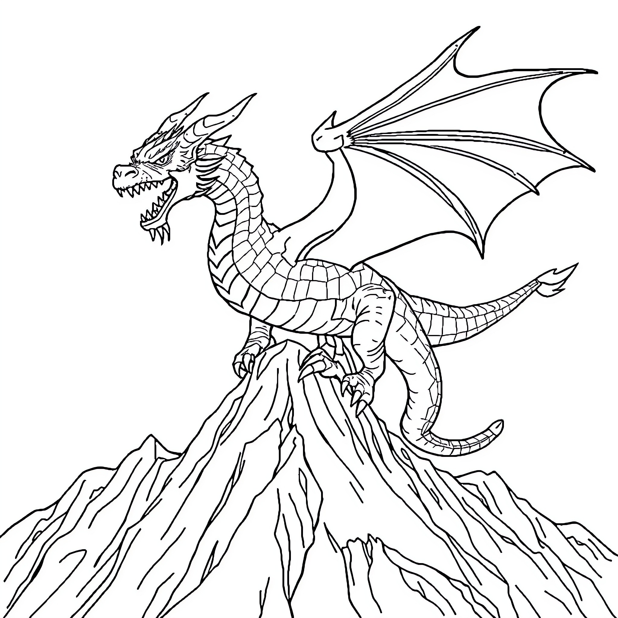Dragon perched on a rocky mountain peak Coloring Page (free black-and-white line drawing printable PDF for all, from beginners to advanced learners, including children, teens, adults, and seniors)