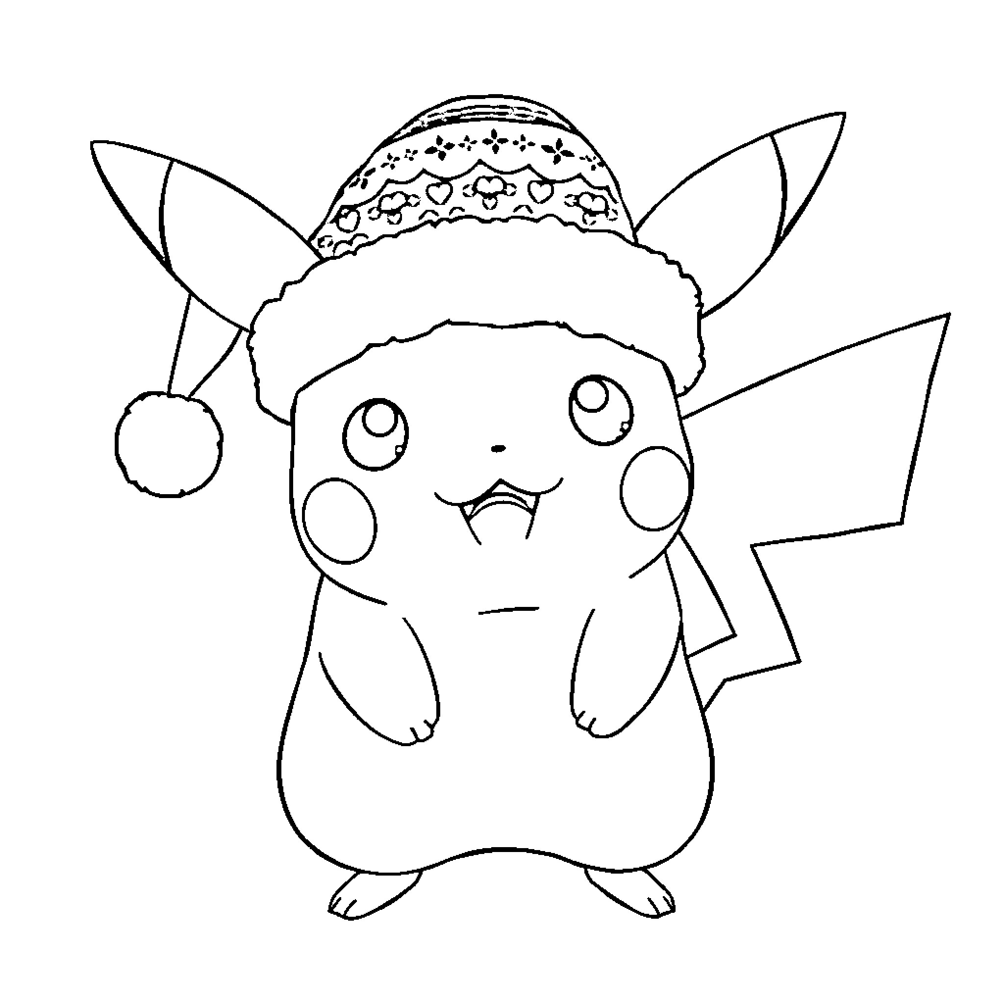 Pikachu wearing a festive hat Coloring Page (free black-and-white line drawing printable PDF for all, from beginners to advanced learners, including children, teens, adults, and seniors)