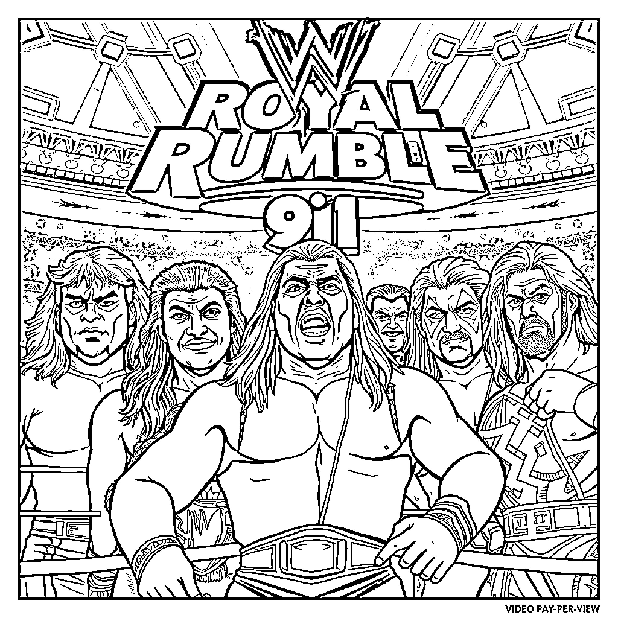 Wrestling Superstars in Royal Rumble 91 Ring Coloring Page (free black-and-white line drawing printable PDF for all, from beginners to advanced learners, including children, teens, adults, and seniors)