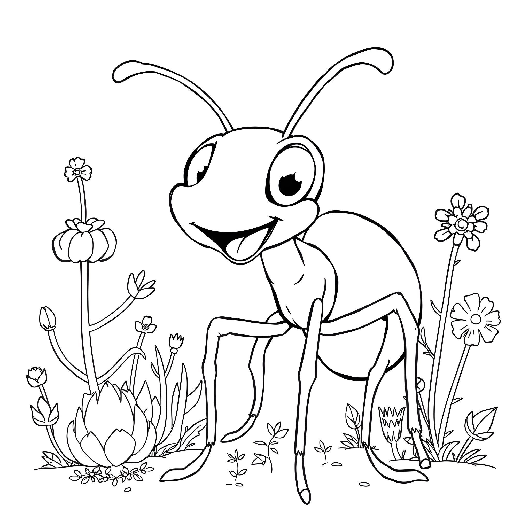 Ant enjoying nature with flowers Coloring Page (free black-and-white line drawing printable PDF for all, from beginners to advanced learners, including children, teens, adults, and seniors)