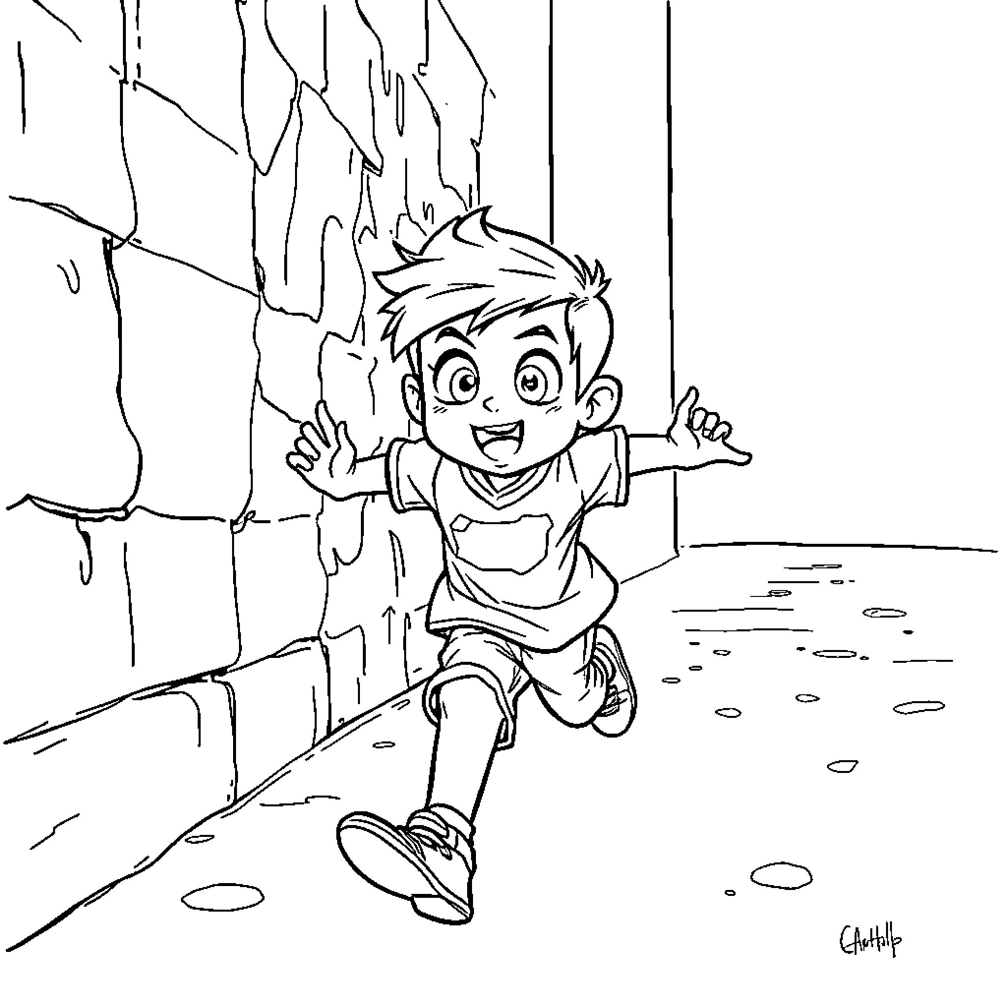 Cam Scattabo running through the woods Coloring Page (free black-and-white line drawing printable PDF for all, from beginners to advanced learners, including children, teens, adults, and seniors)