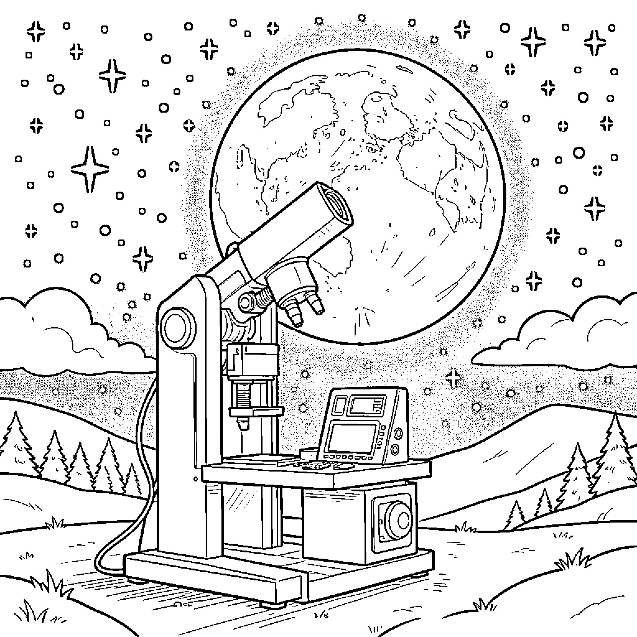 Tomograph of a starry night sky observation Coloring Page (free black-and-white line drawing printable PDF for all, from beginners to advanced learners, including children, teens, adults, and seniors)
