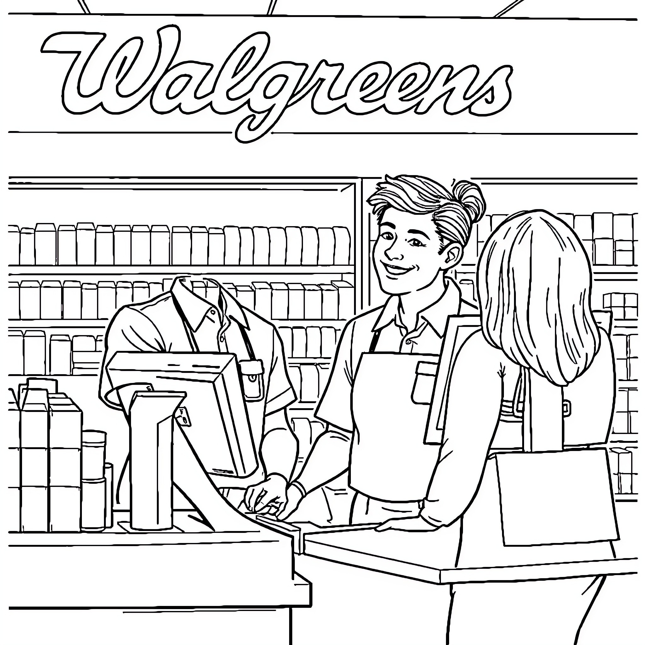 Employee Assisting Customer at Retail Store Coloring Page (free black-and-white line drawing printable PDF for all, from beginners to advanced learners, including children, teens, adults, and seniors)