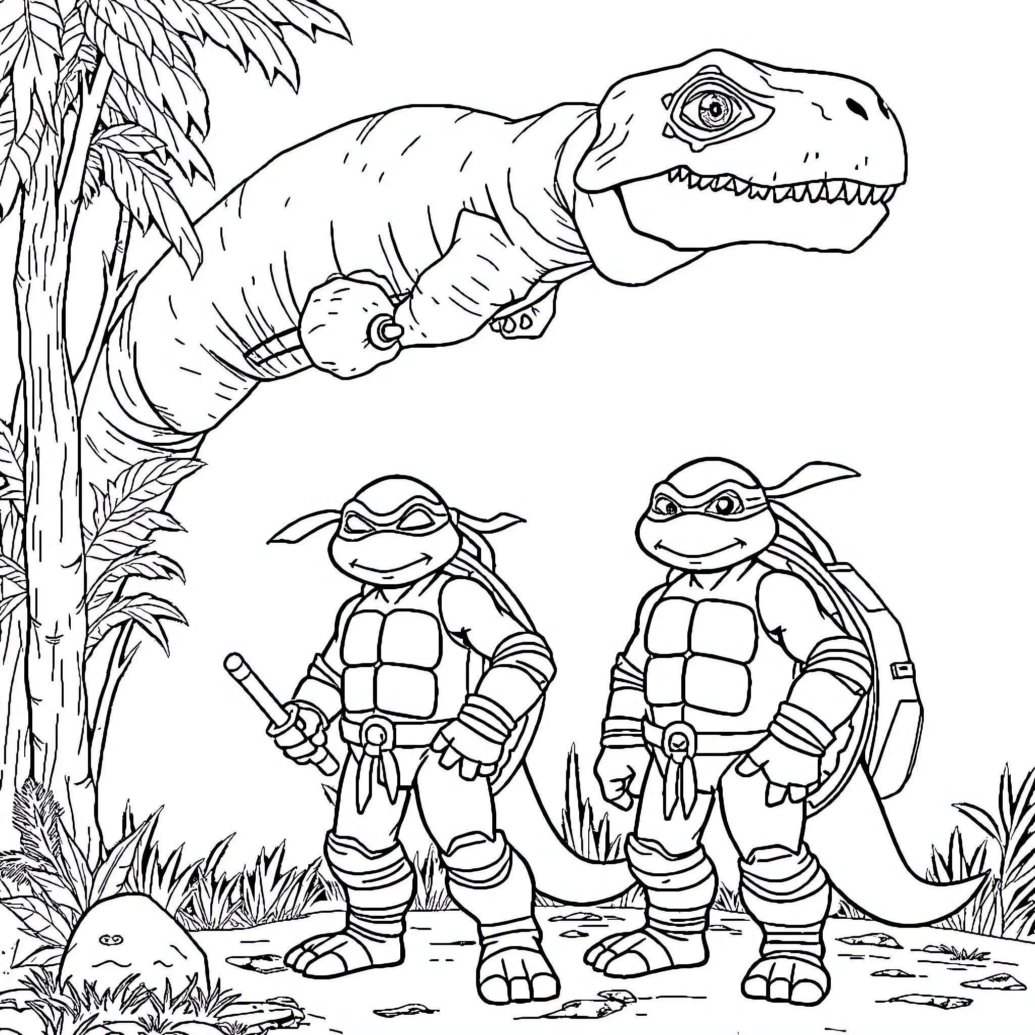 Turtle Dinosaur and Ninja Turtles in Jungle Coloring Page (free black-and-white line drawing printable PDF for all, from beginners to advanced learners, including children, teens, adults, and seniors)