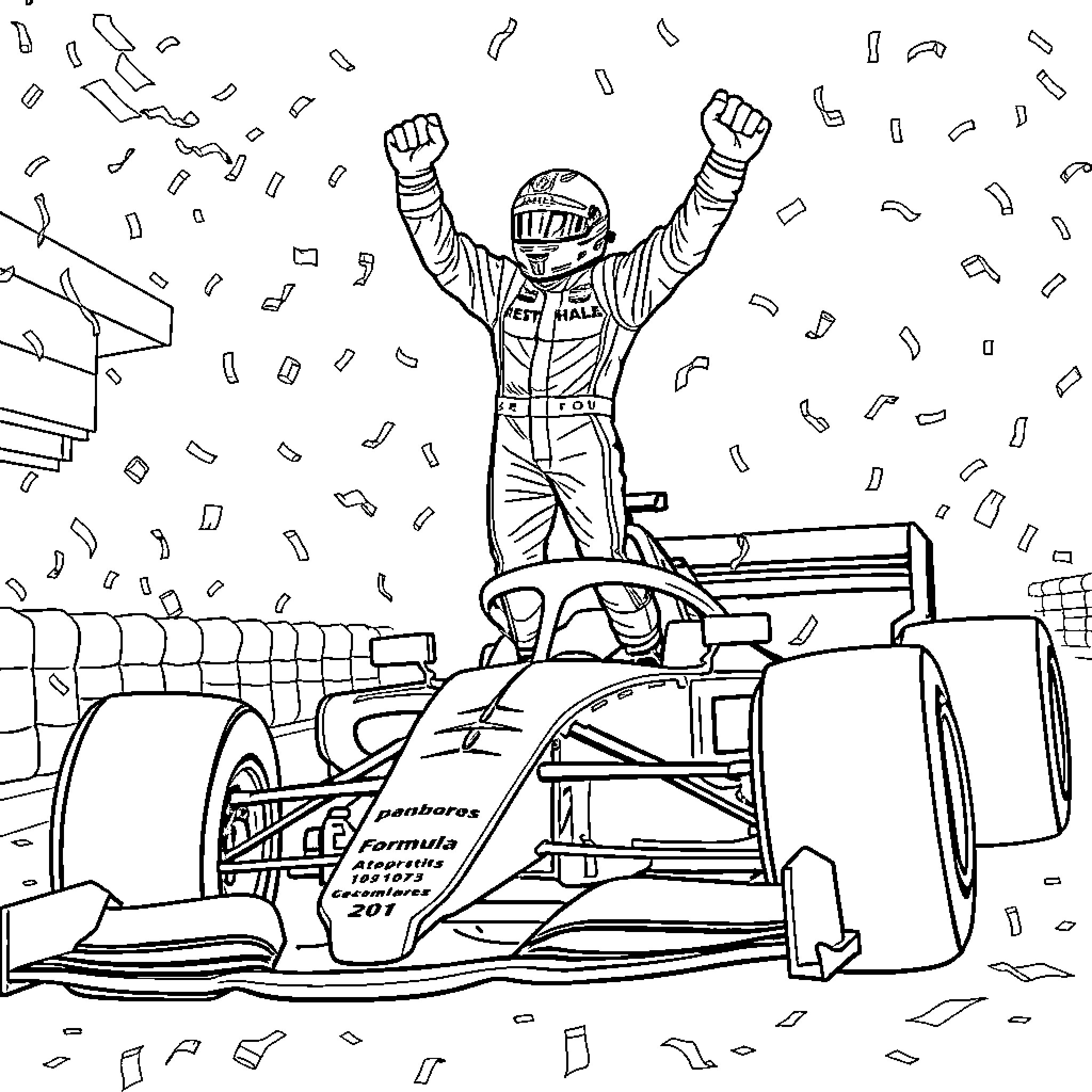 Formula 1 Race Car Driver Celebrating Victory Coloring Page (free black-and-white line drawing printable PDF for all, from beginners to advanced learners, including children, teens, adults, and seniors)