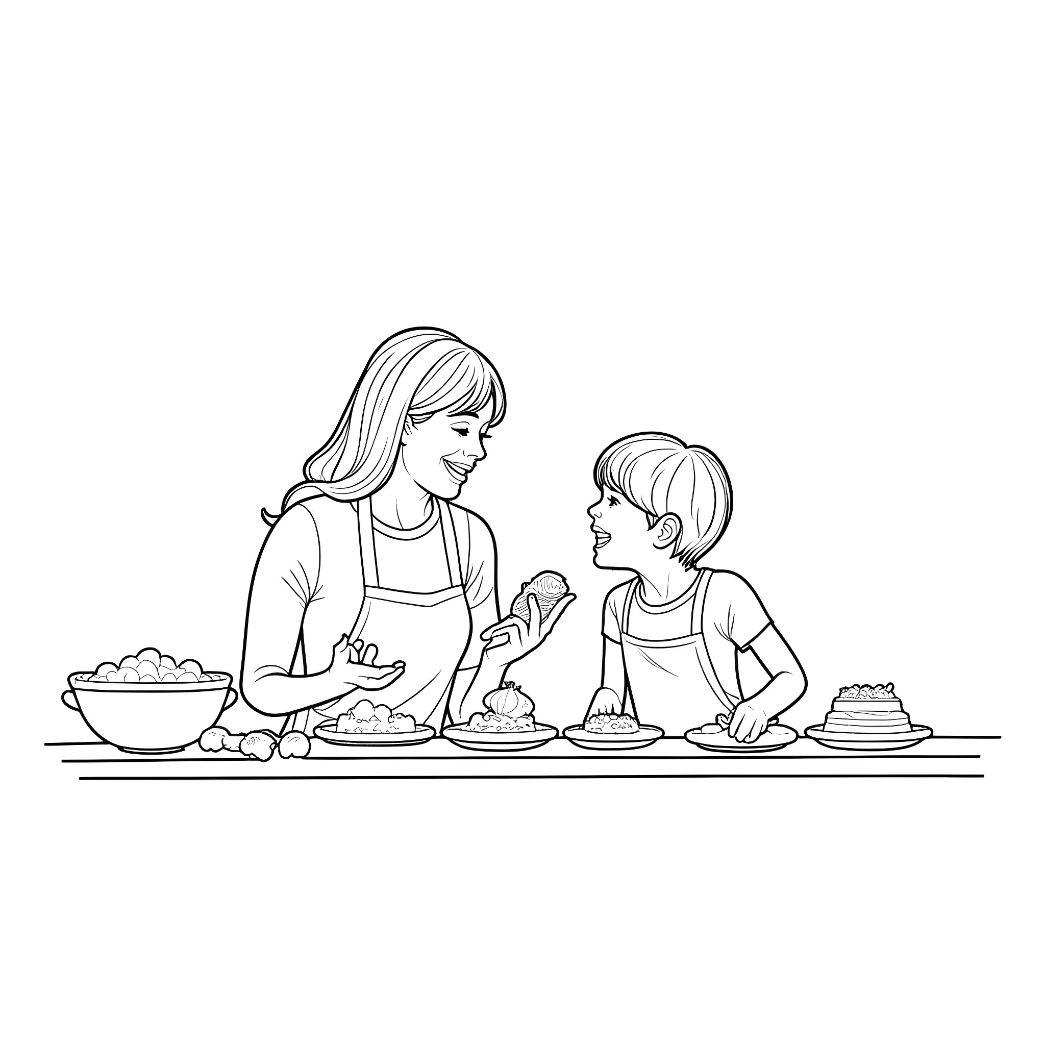 Mom and child cooking together happily Coloring Page (free black-and-white line drawing printable PDF for all, from beginners to advanced learners, including children, teens, adults, and seniors)