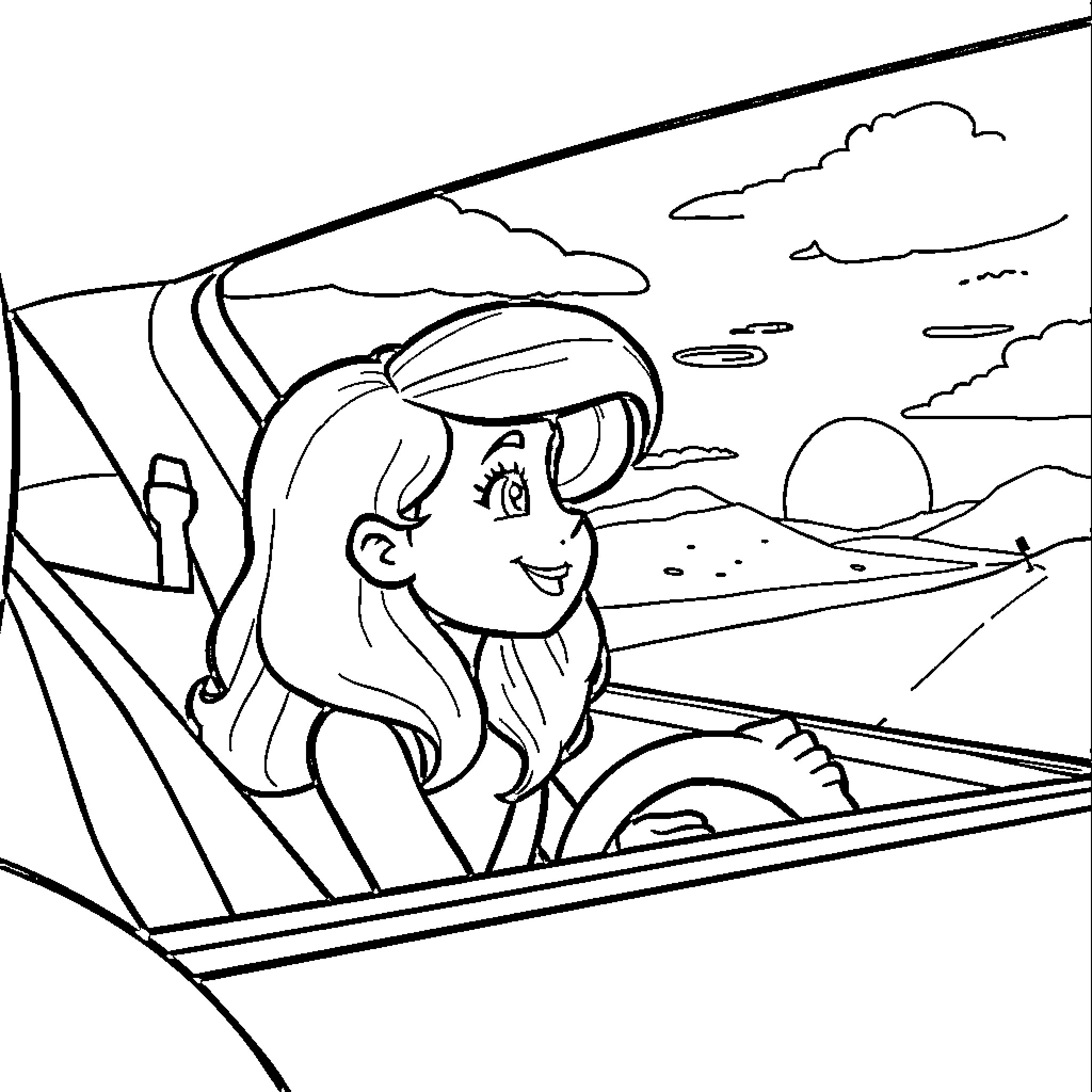 Gabby enjoys the open road in her convertible car Coloring Page (free black-and-white line drawing printable PDF for all, from beginners to advanced learners, including children, teens, adults, and seniors)