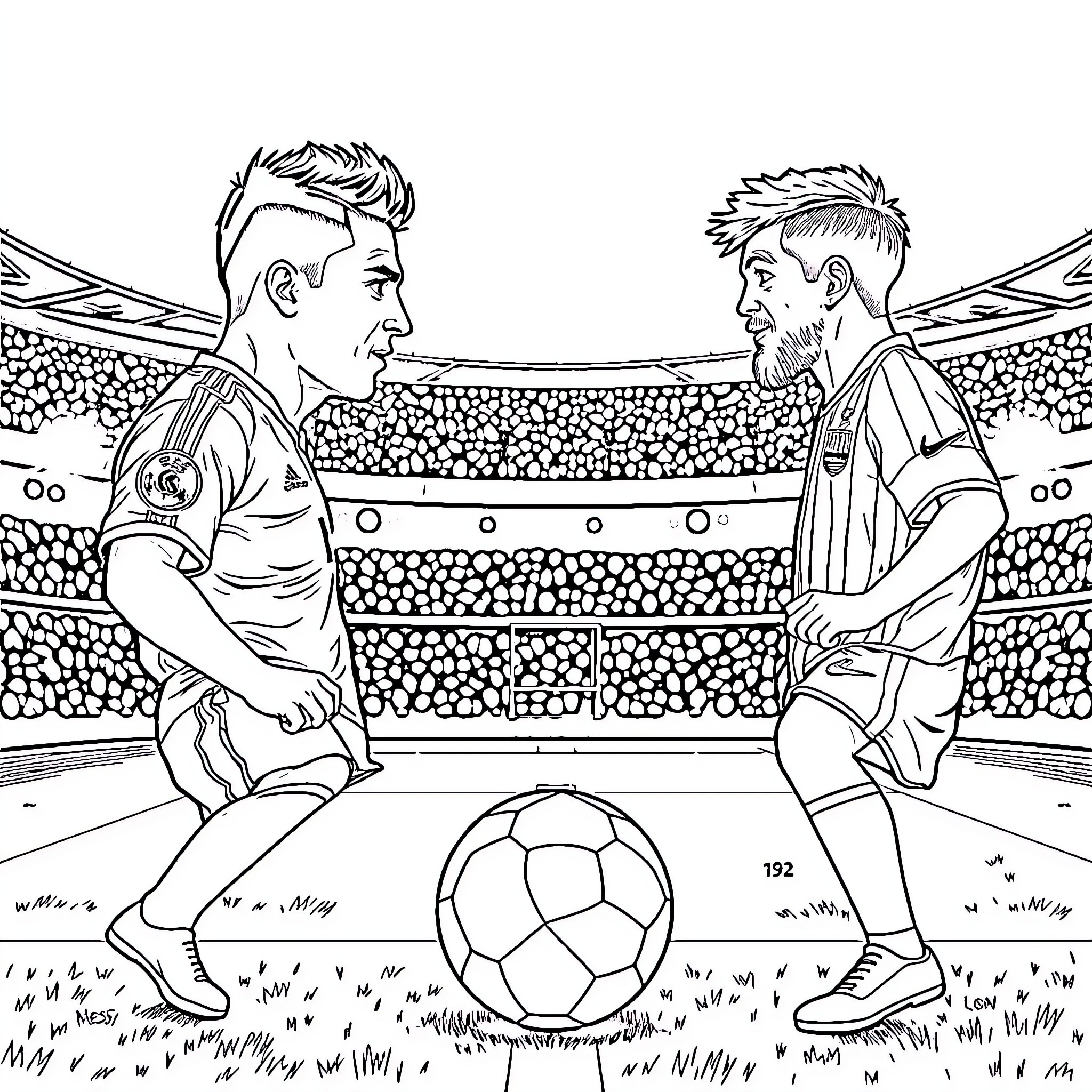 Ronaldo and Messi playing soccer in a stadium Coloring Page (free black-and-white line drawing printable PDF for all, from beginners to advanced learners, including children, teens, adults, and seniors)