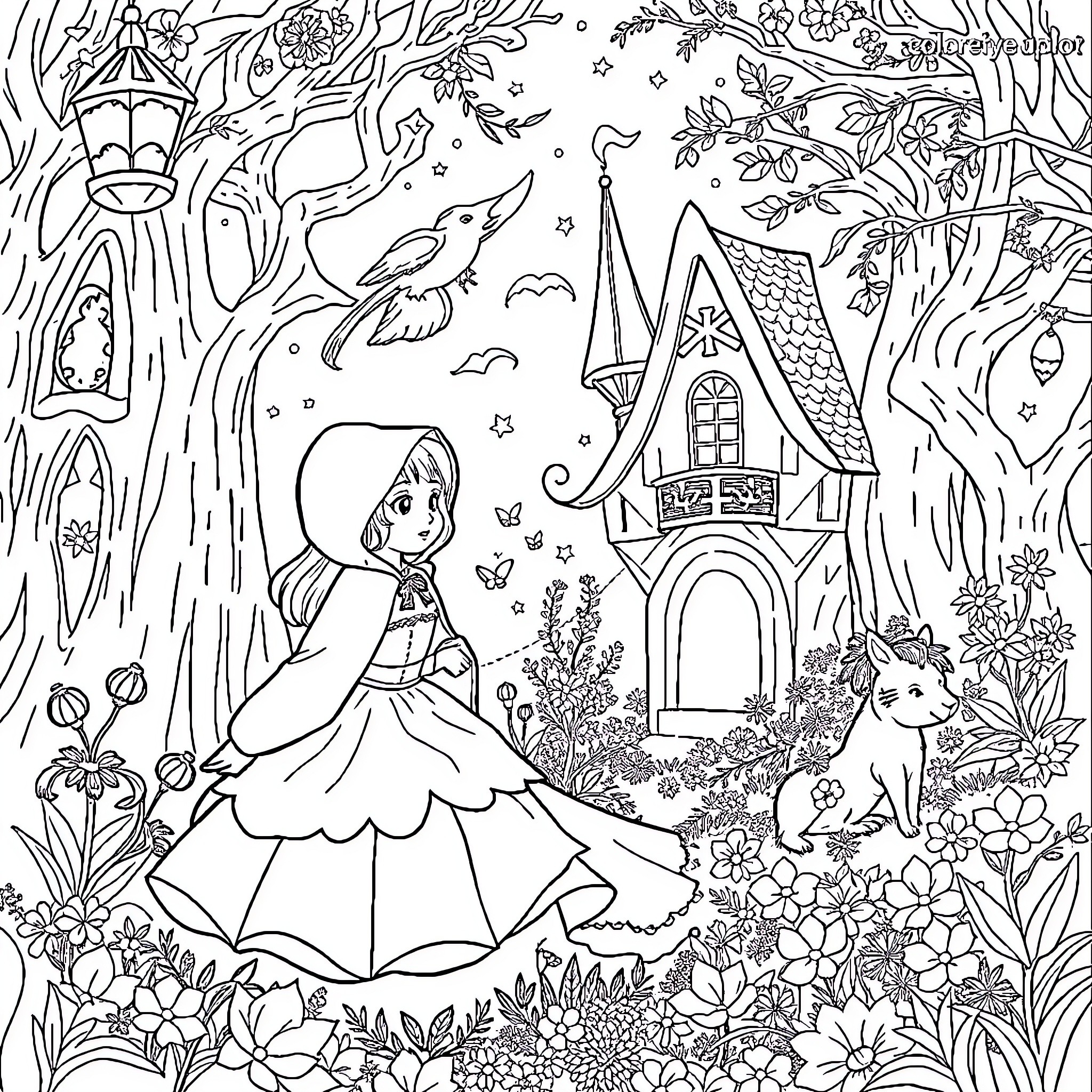 Fairytale Character Exploring Enchanted Woodland Surroundings Coloring Page (free black-and-white line drawing printable PDF for all, from beginners to advanced learners, including children, teens, adults, and seniors)